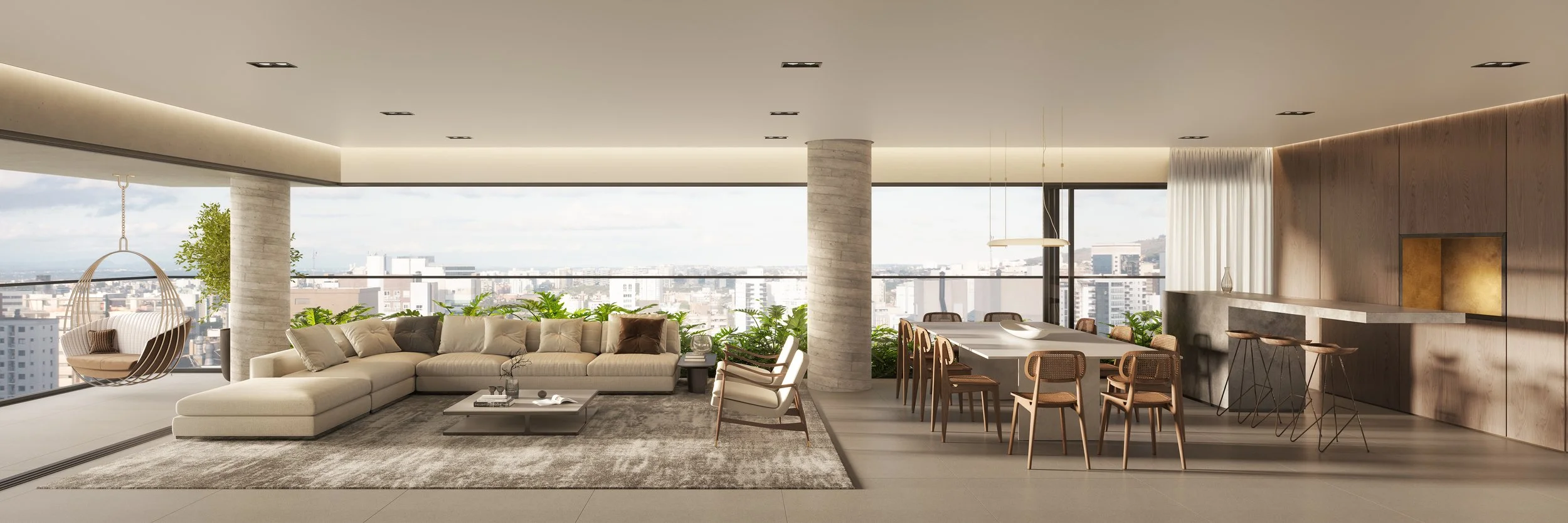 Modern living room and dining area with large glass windows overlooking a cityscape, featuring a white sectional sofa, coffee table, white armchairs, hanging chair, dining table with chairs, and decorative plants.