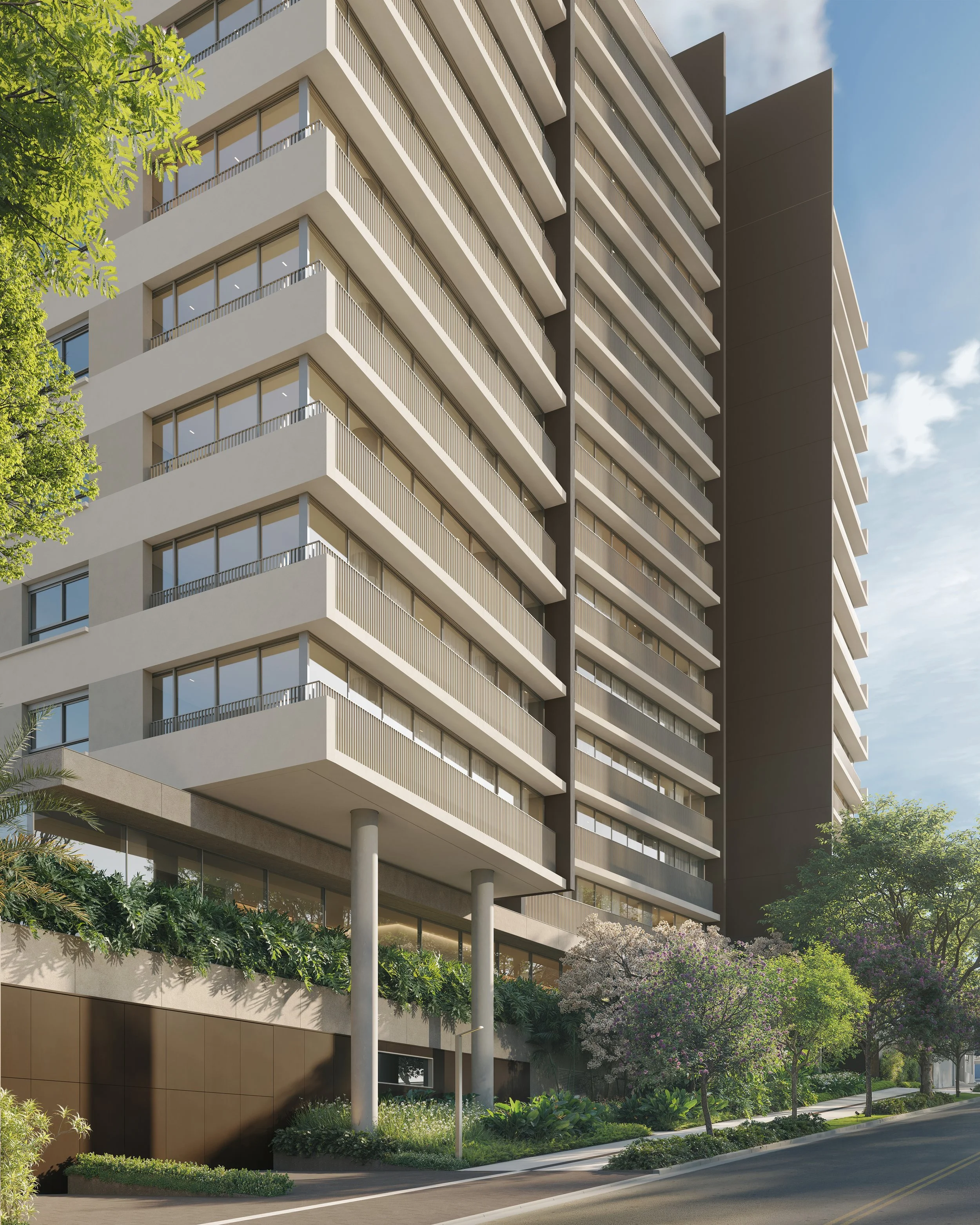 Modern high-rise residential building with balconies, surrounded by trees and landscaping, under a partly cloudy sky.