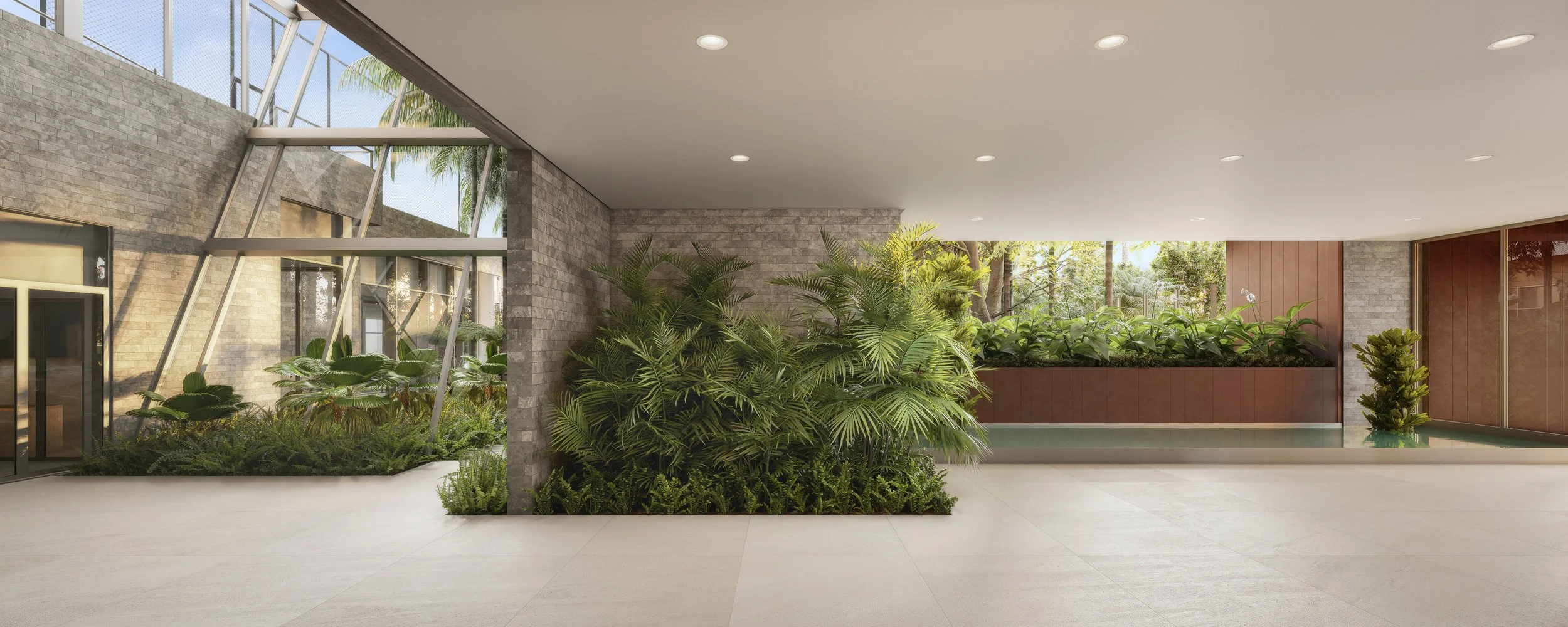 Modern indoor space with large floor tiles, greenery, and natural light from a glass ceiling, featuring a lush indoor garden with various plants and a small water feature.