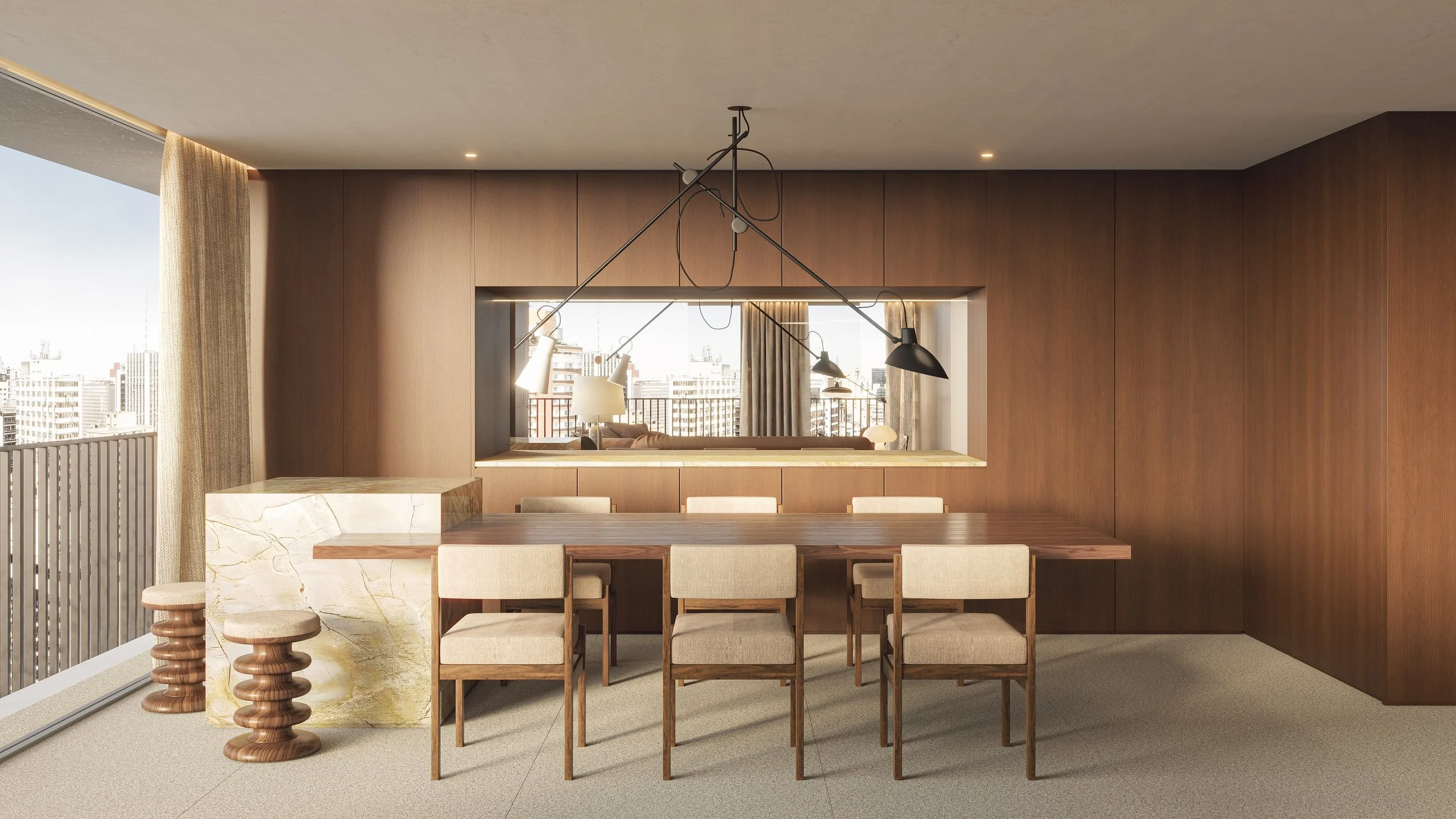 Modern dining room with wooden walls, a long wooden table, six beige upholstered chairs, a marble and wood bar with two small stools, and large windows showing city buildings outside.