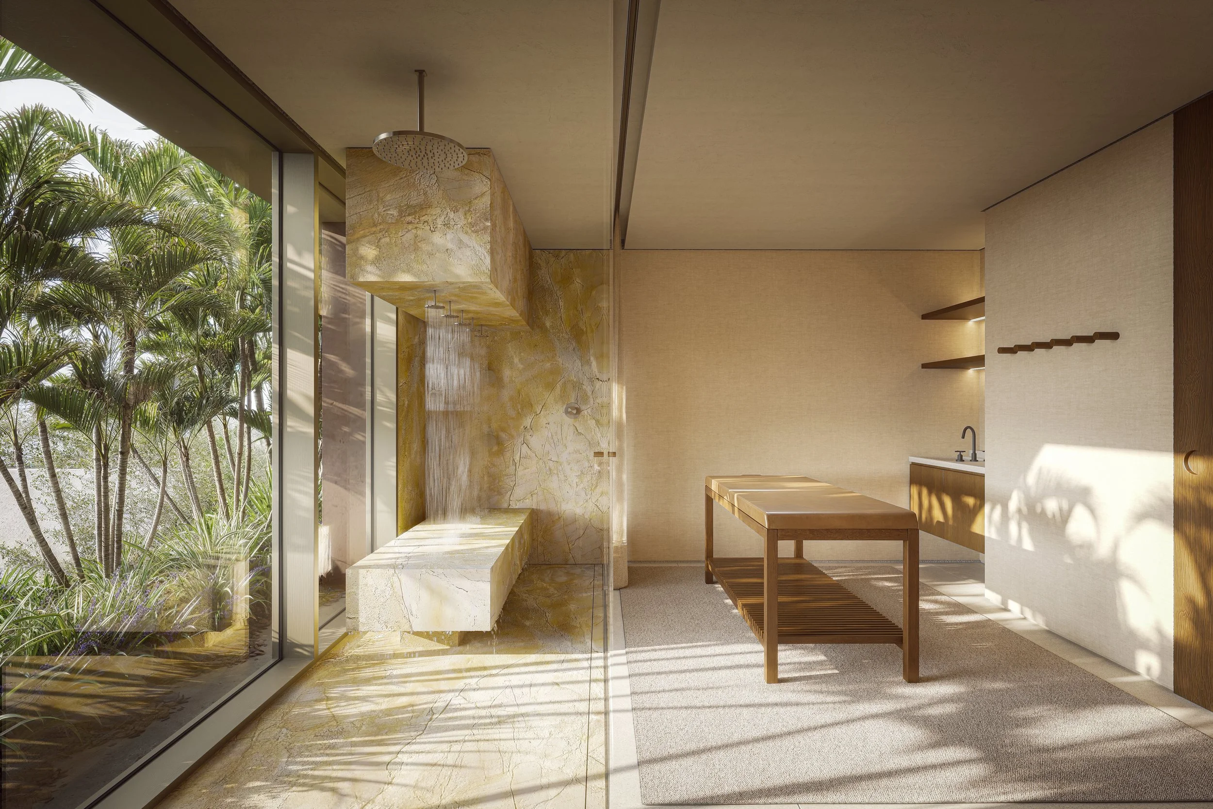 Modern bathroom with large glass window, outdoor plants, marble shower, wooden bench, and minimalist design.