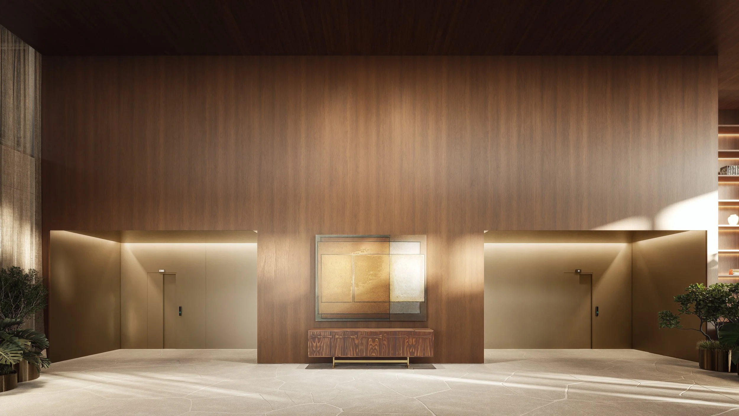 Modern lobby with a large wooden wall, two elevator doors, a framed artwork, a wooden bench, and potted plants.
