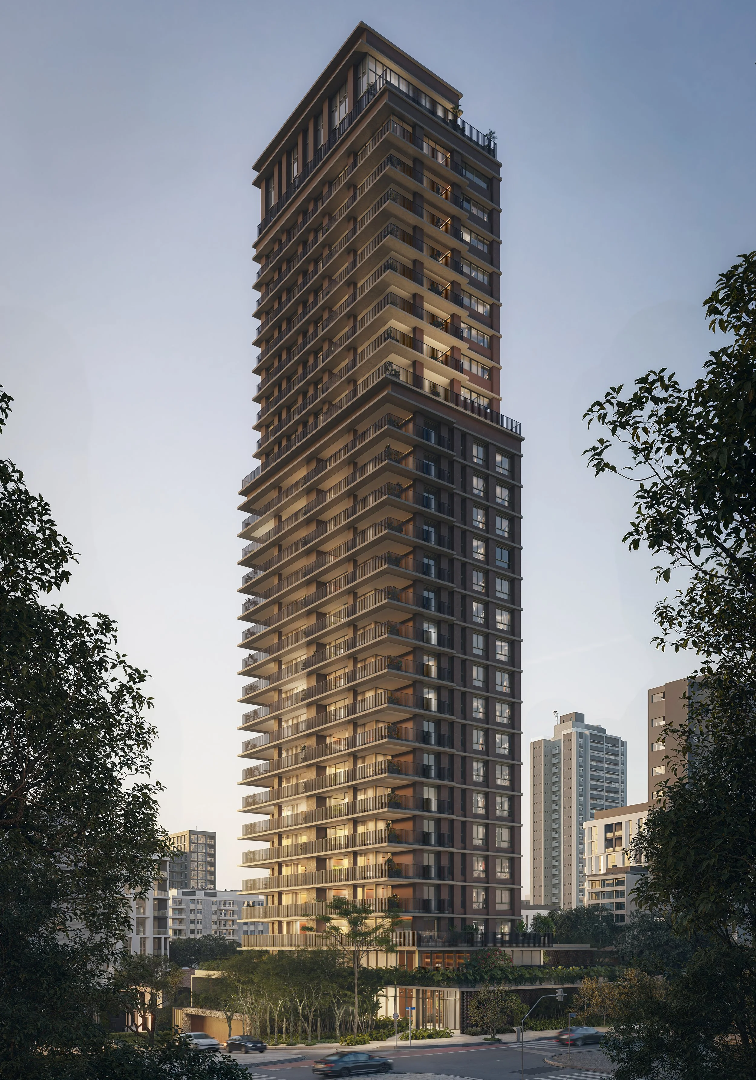 A tall modern residential building with multiple balconies, surrounded by other high-rise buildings and trees, during dusk.