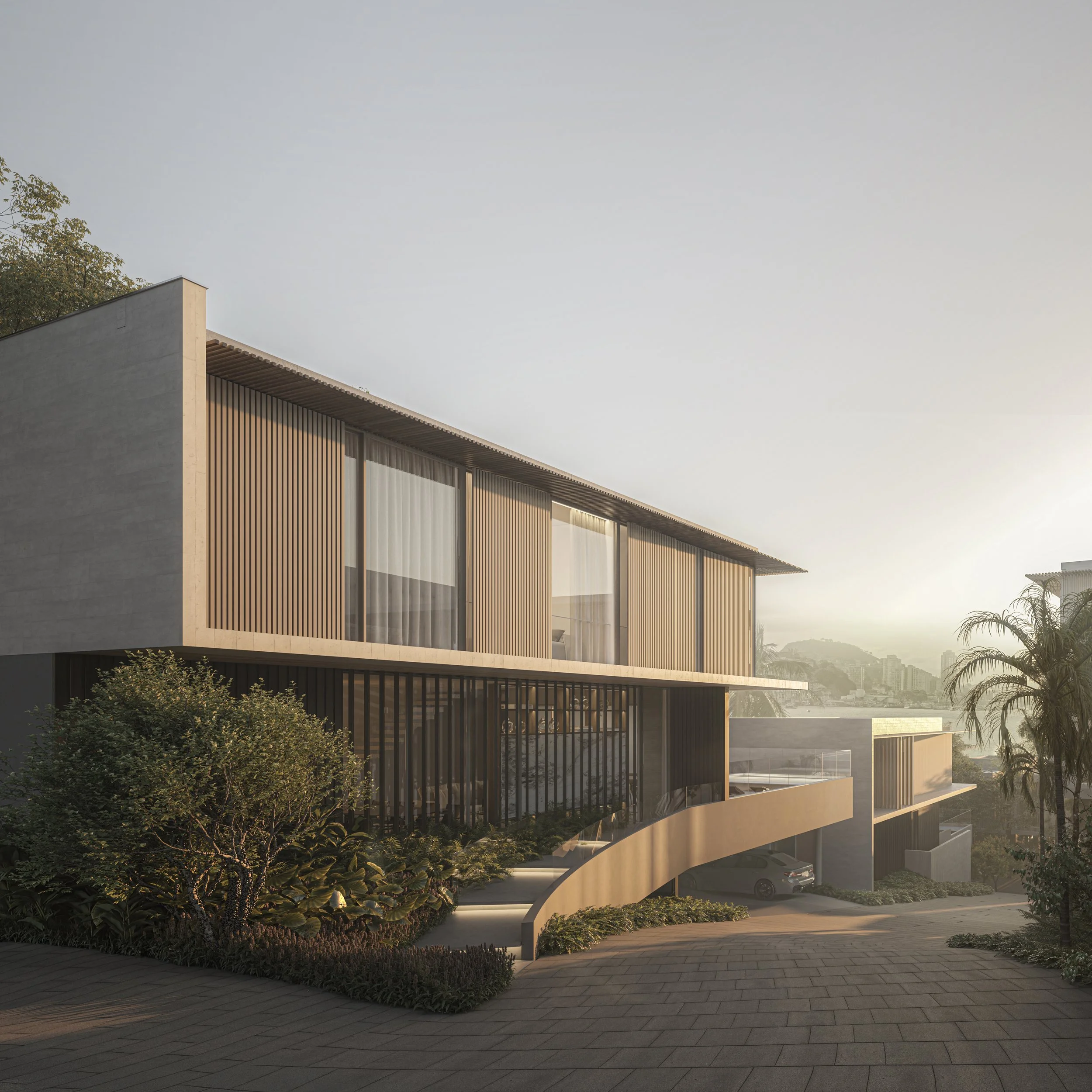 Modern multi-story house with large glass windows, wooden accents, and landscaped surroundings during sunset.