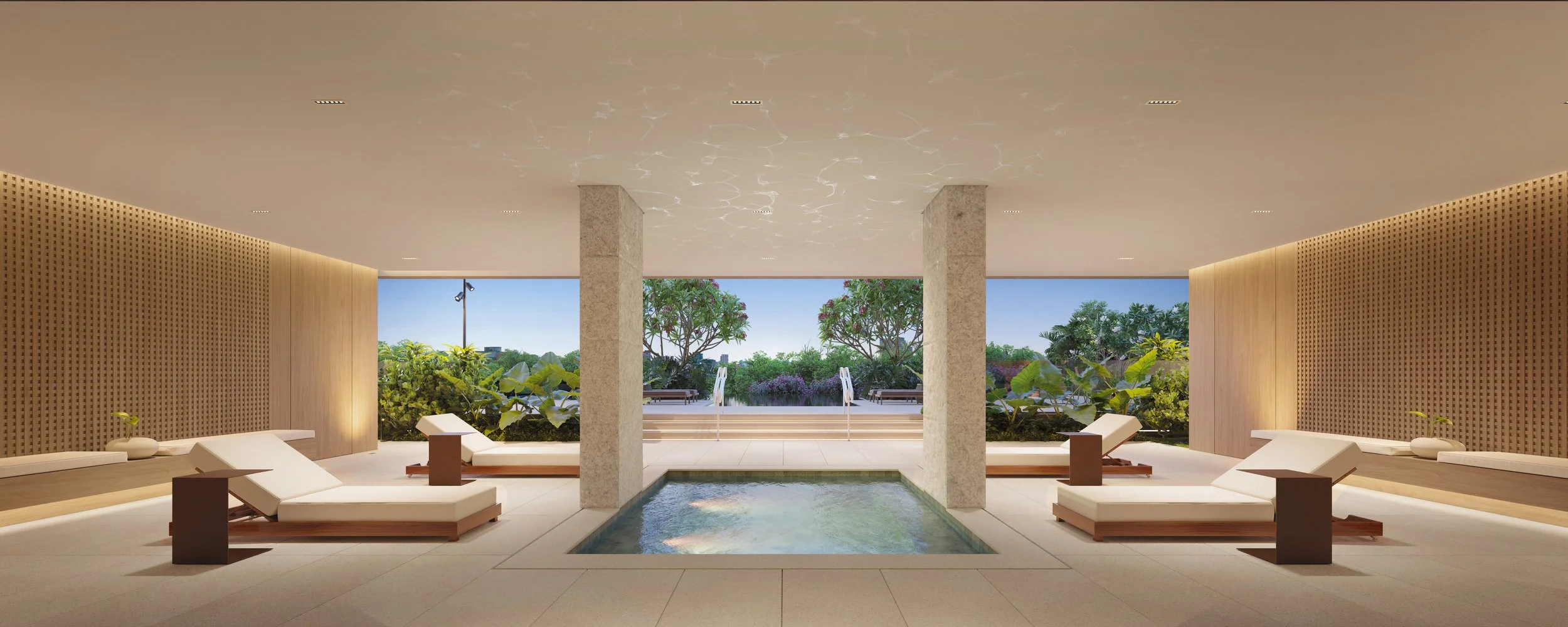 Indoor spa with lounge chairs and a small pool, large windows showing outdoor greenery, modern minimalist design