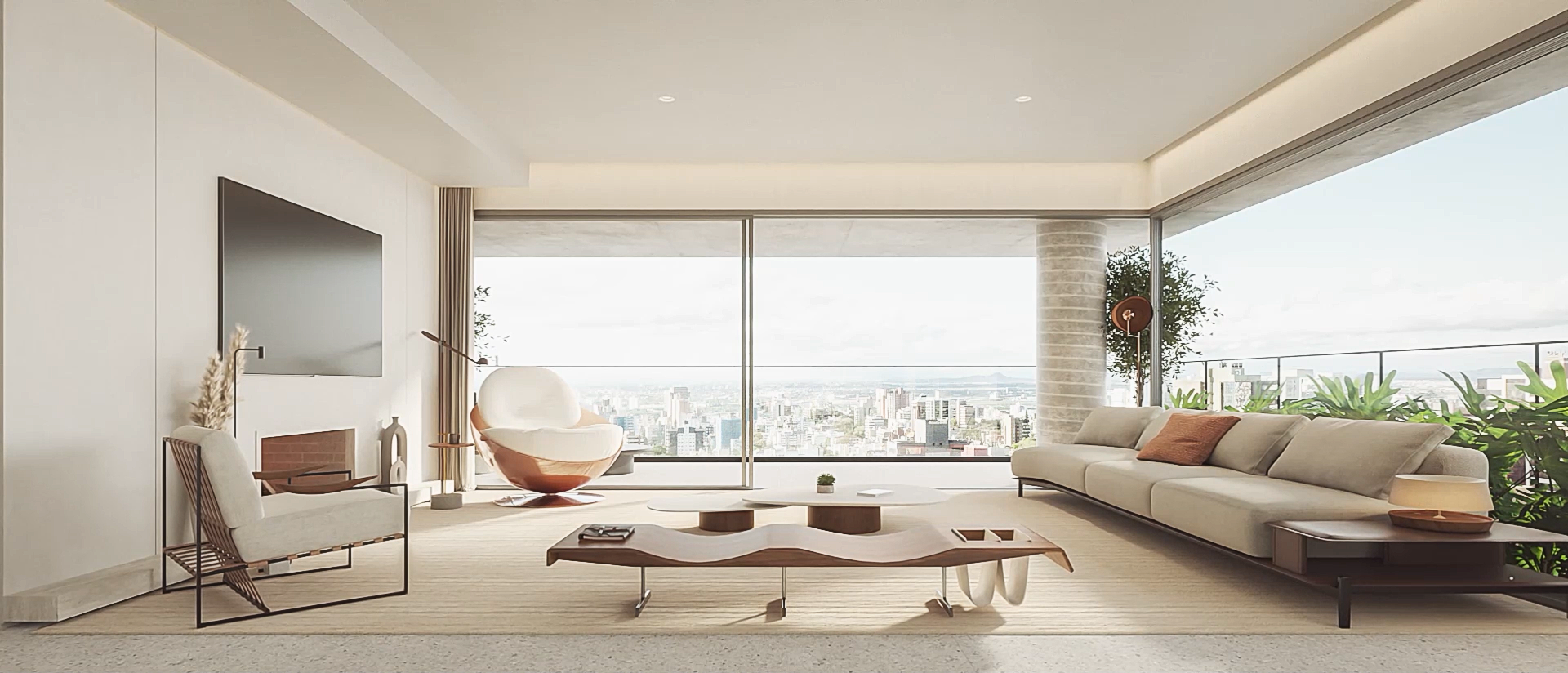 Modern living room with large windows overlooking a city skyline, featuring a long beige sofa with pillows, a wave-shaped wooden coffee table, a white chair with a wooden base, a cozy armchair, indoor plants, and minimalist decor.
