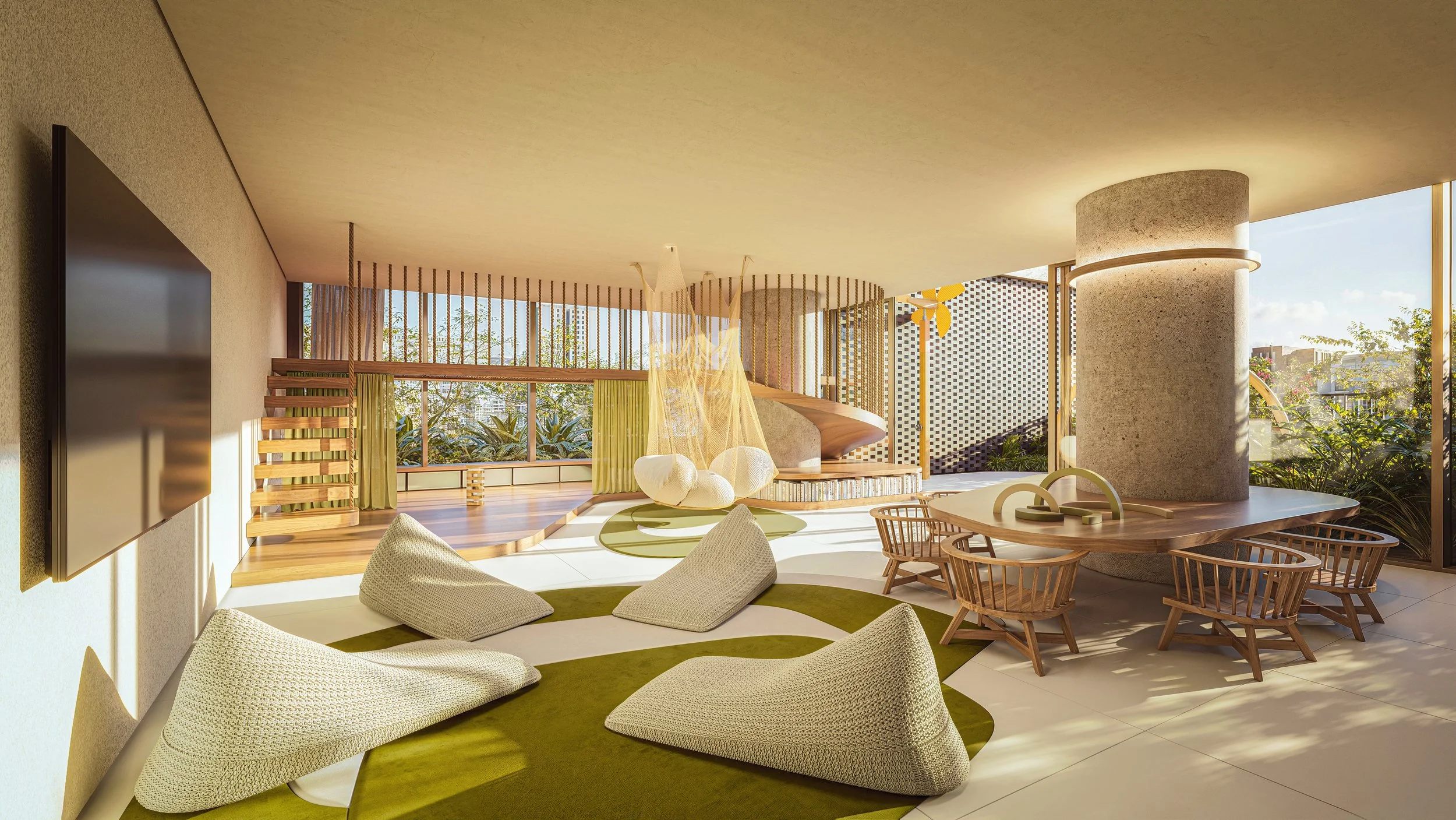 Modern living room with large windows, green and white bean bag chairs on a green rug, round and rectangular tables, wooden chairs, and a tropical backyard view.