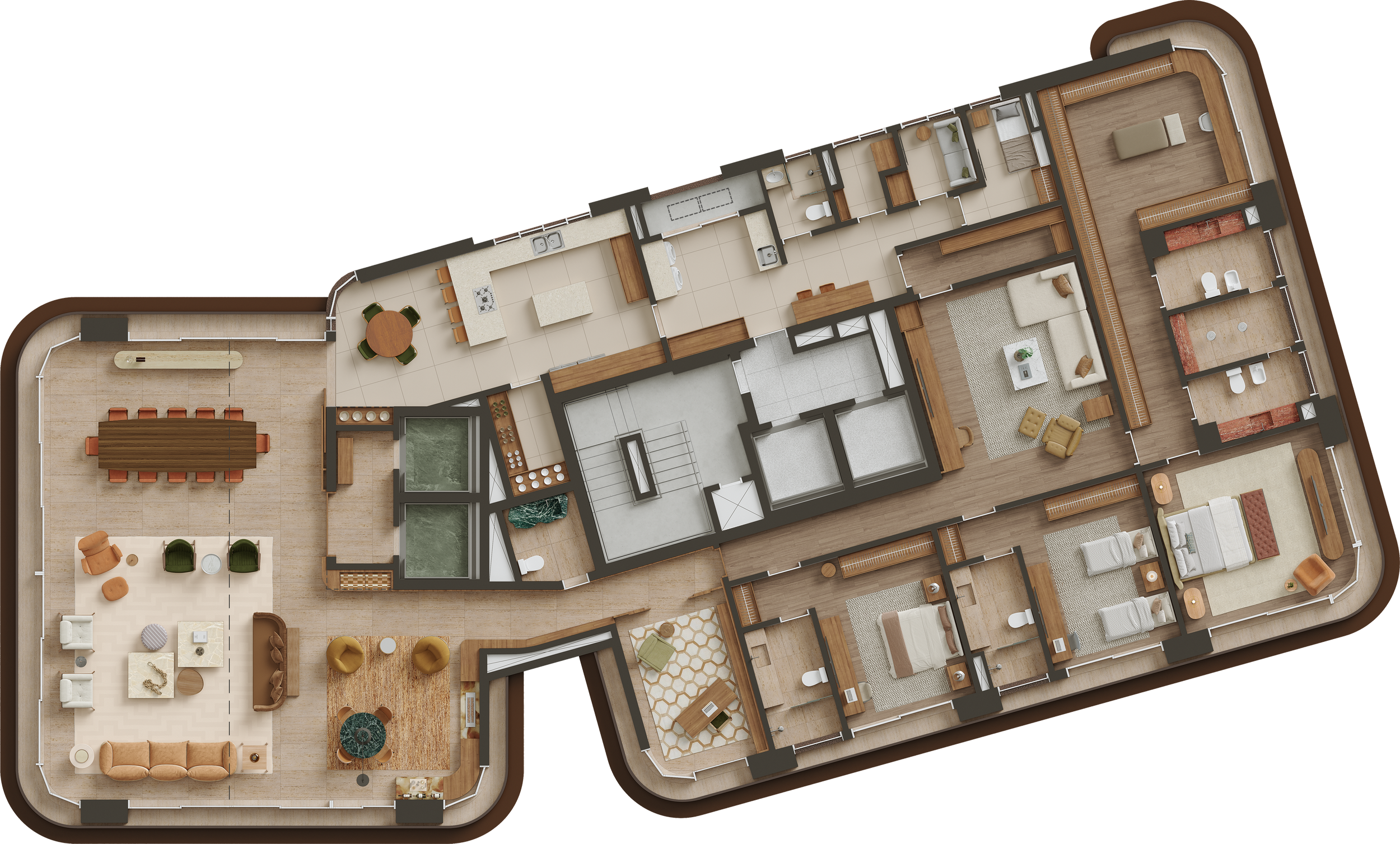 A detailed 3D floor plan of a modern house showing various rooms including bedrooms, bathrooms, a living room, dining area, kitchen, and outdoor patio.