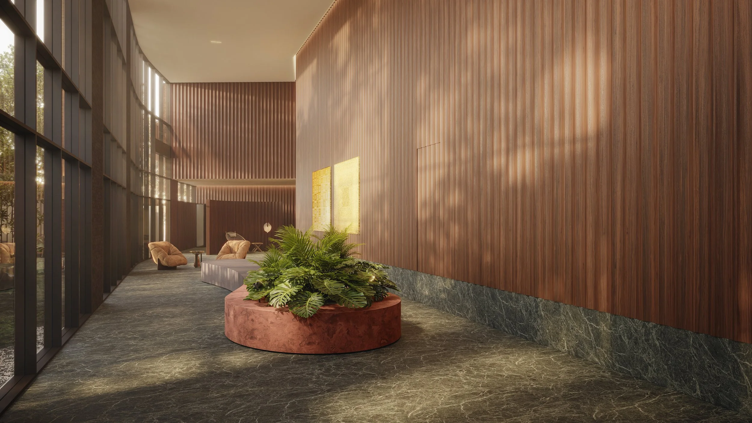 Interior of a modern building with a dark green marble floor, wooden wall panels, large glass windows, and some green plants in a pink circular pot. There are chairs and artwork in the background.