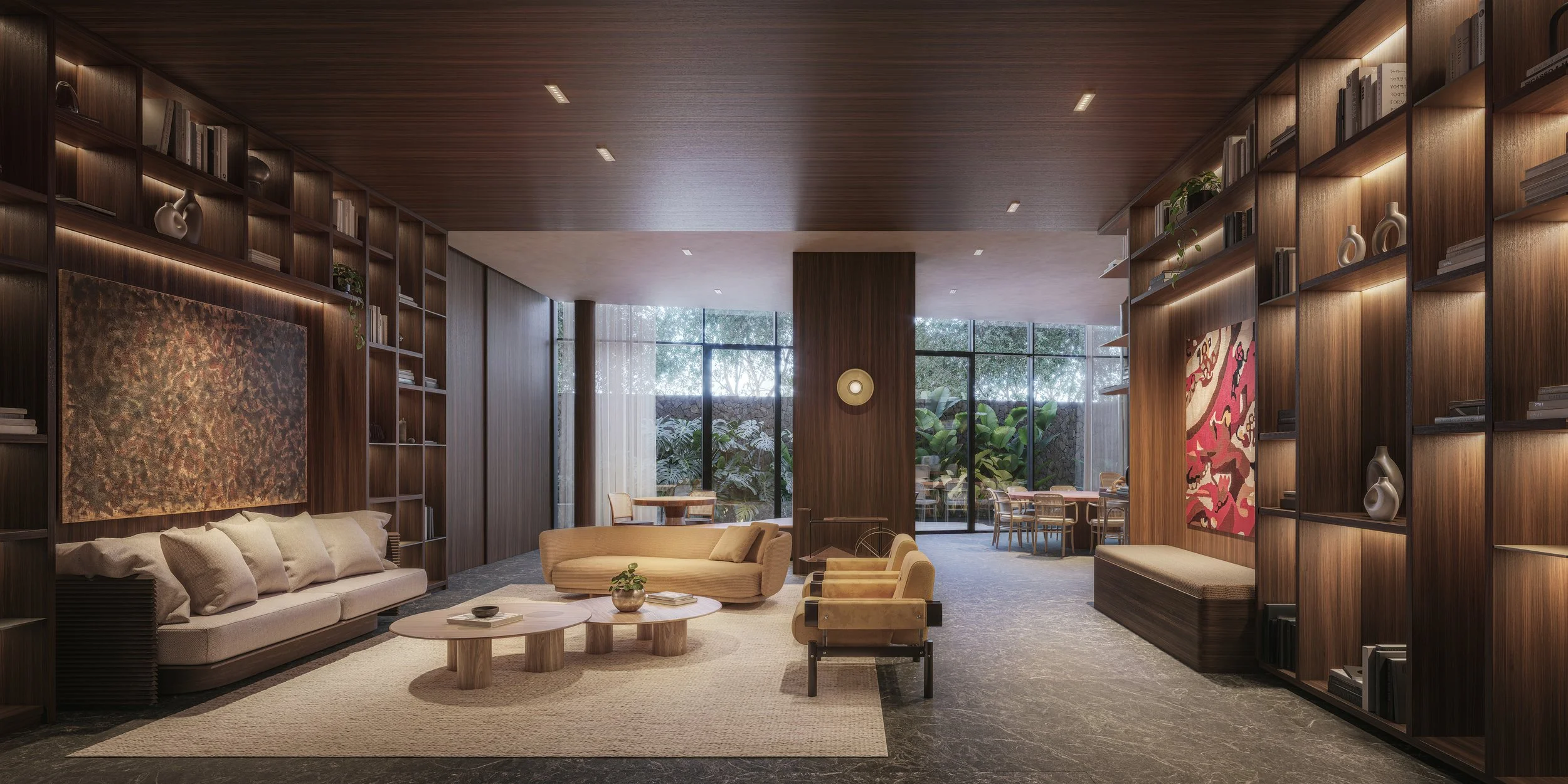 Stylish hotel lobby with wooden walls, large windows, beige seating, modern coffee table, and decorative vases.
