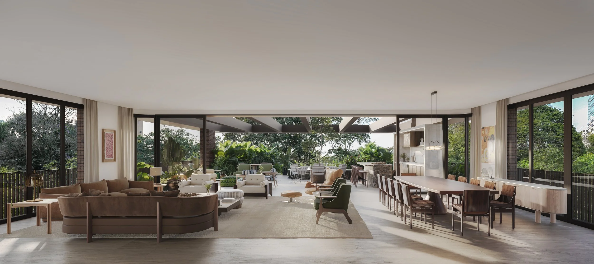 Spacious modern living room with large windows and outdoor balcony, furnished with sofas, chairs, tables, and plants, overlooking lush greenery.