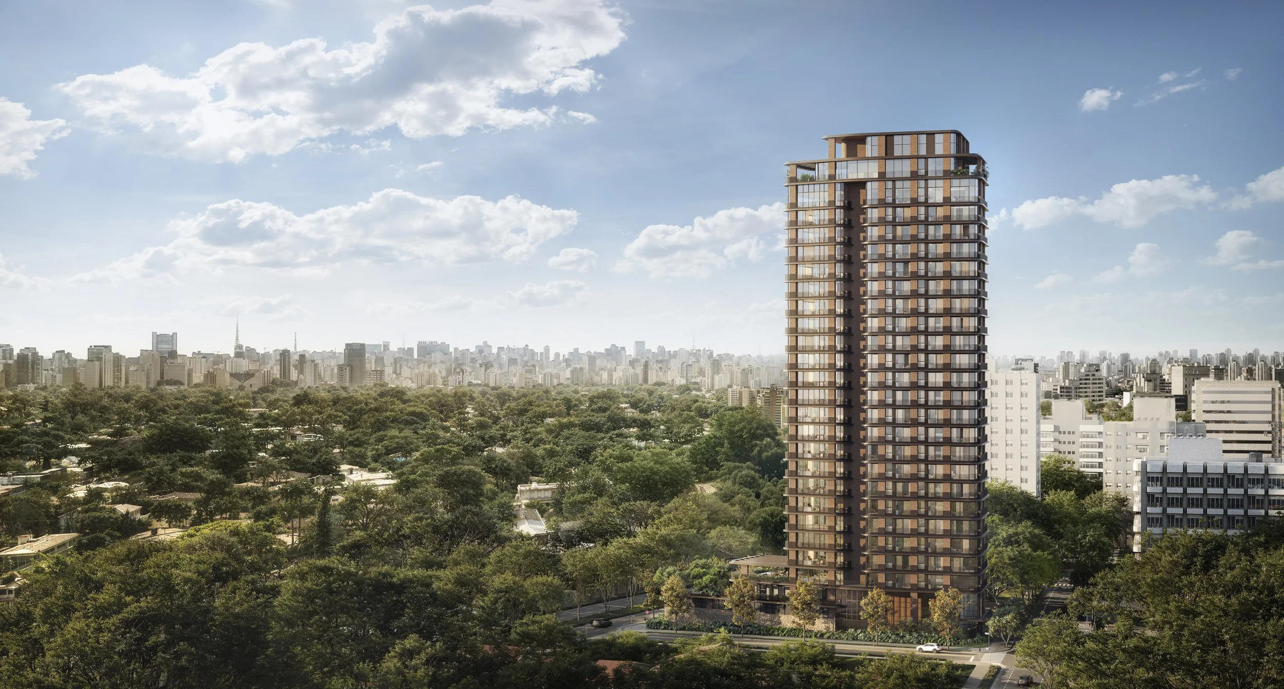 A tall modern residential building with numerous glass balconies in an urban area, surrounded by trees and other mid-rise buildings, with a city skyline in the distance under a partly cloudy sky.