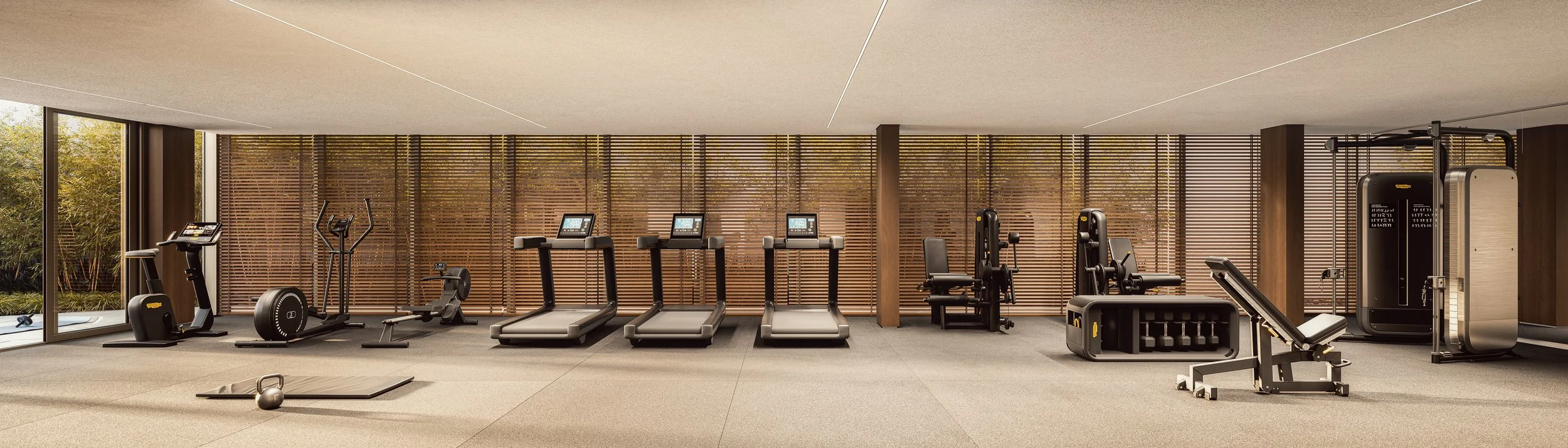 Modern gym with various exercise equipment including treadmills, stationary bikes, weight machines, and free weights, with large windows and wooden blinds.