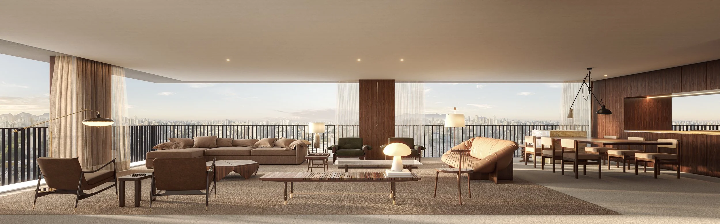 Modern living room with large windows and city view, furnished with beige and brown sofas, armchairs, coffee tables, and stylish lamps.