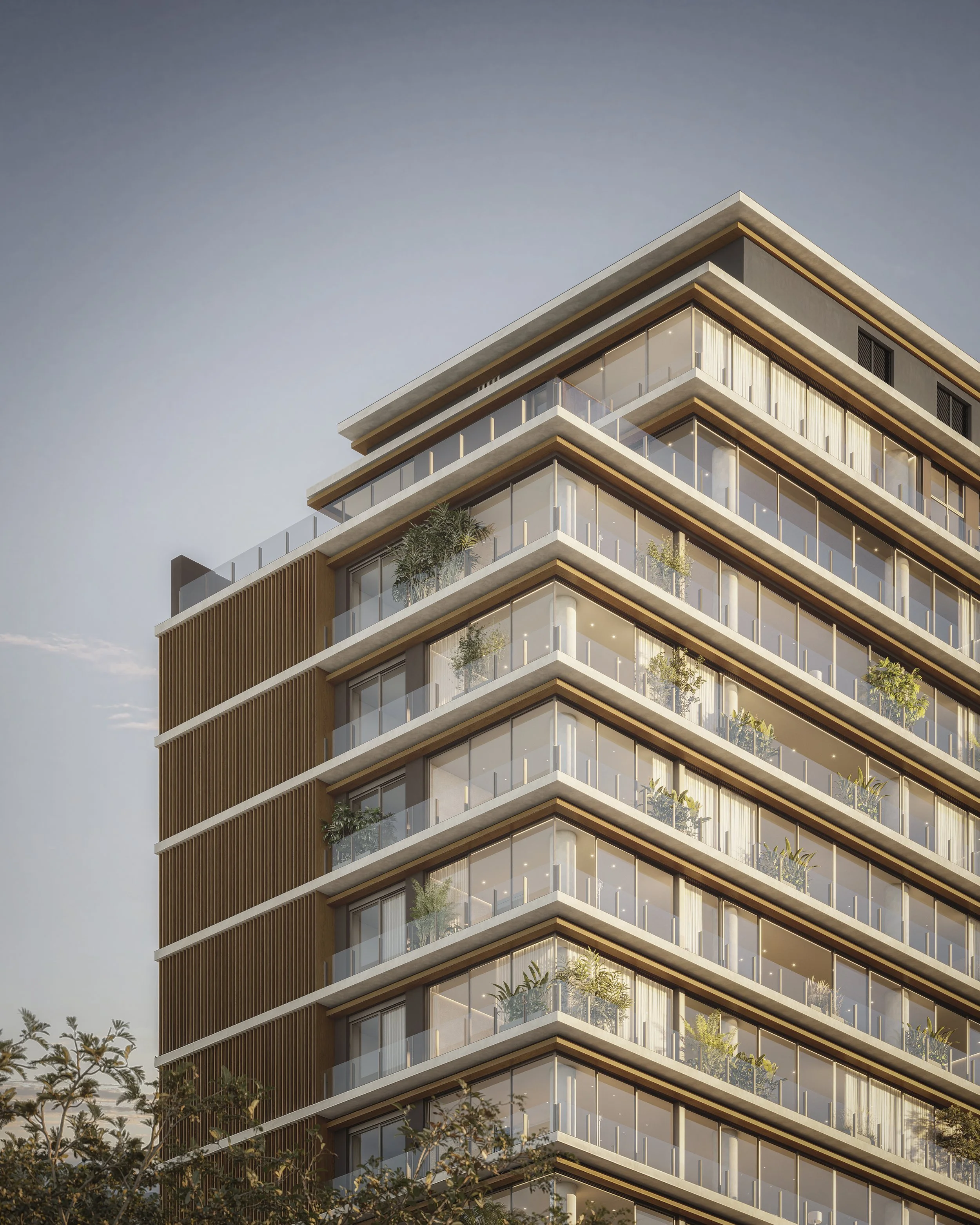Modern multi-story residential building with glass balconies and indoor plants, under a clear sky.