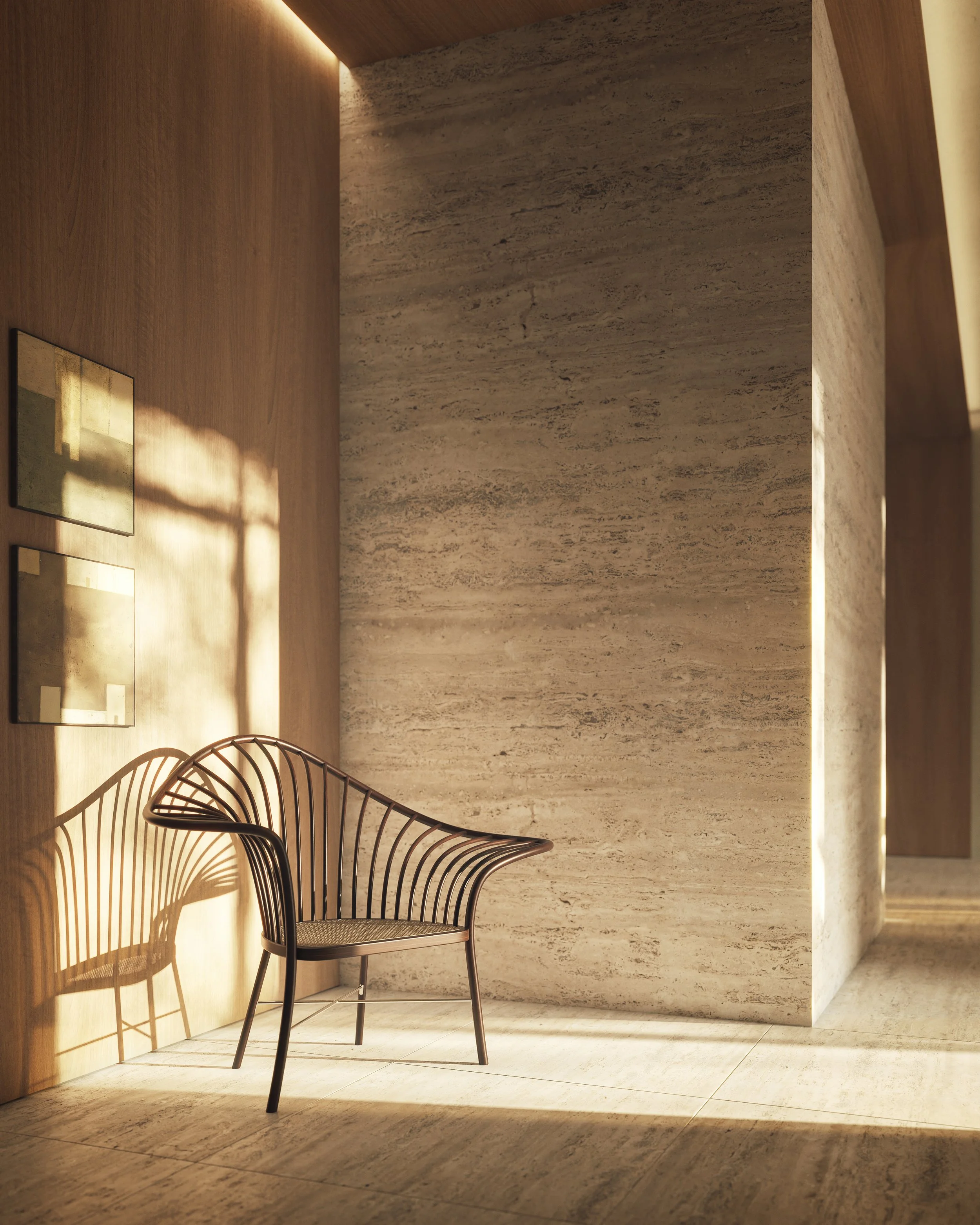 A modern interior space with a black metal chair with curved backrest and a cushion on a stone-tiled floor, illuminated by sunlight through a window. The background features a large beige stone wall and a wooden wall with two pictures.