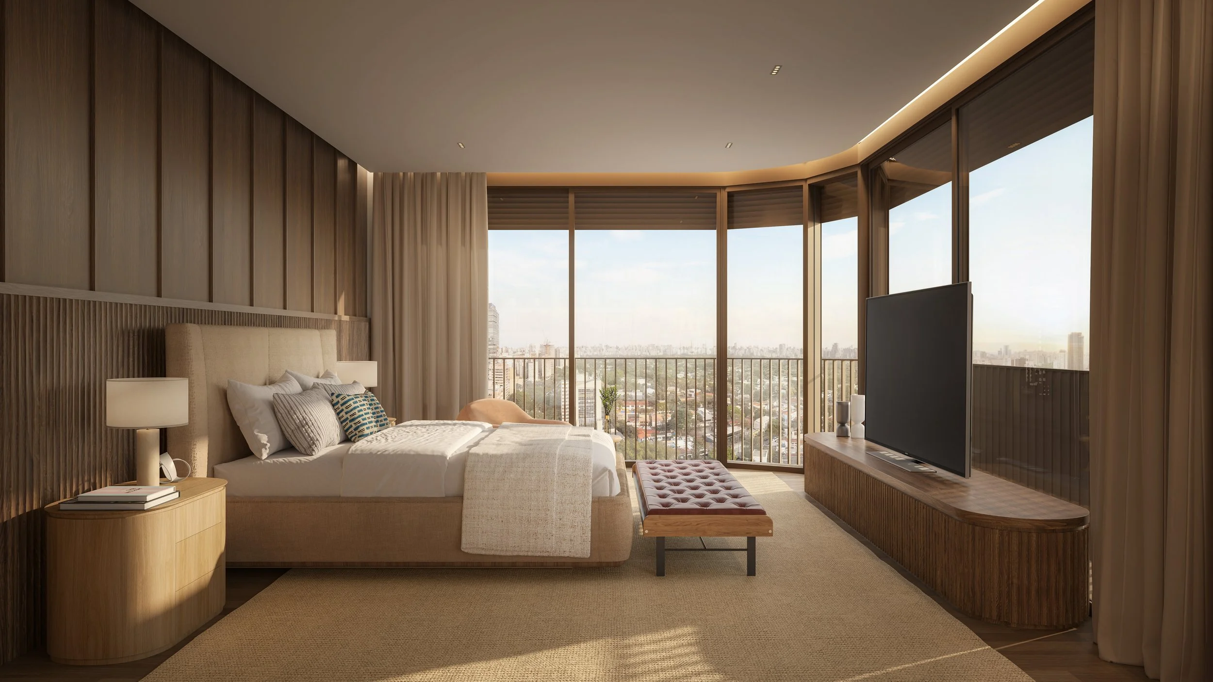Modern bedroom with large windows, city view, beige bed with pillows and blanket, bedside lamps, TV on wooden cabinet, bench at foot of bed, neutral tones and curtains.