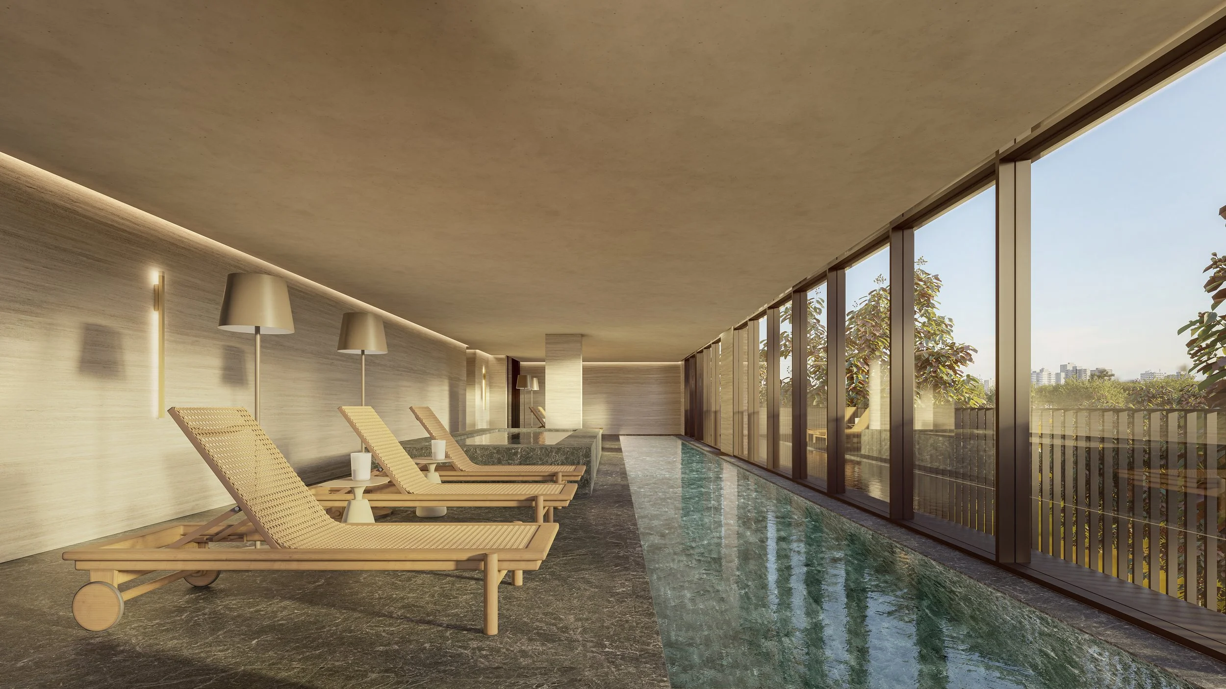 Indoor swimming pool area with lounge chairs, side tables, tall lamps, large floor-to-ceiling windows, and a view of trees and cityscape outside.