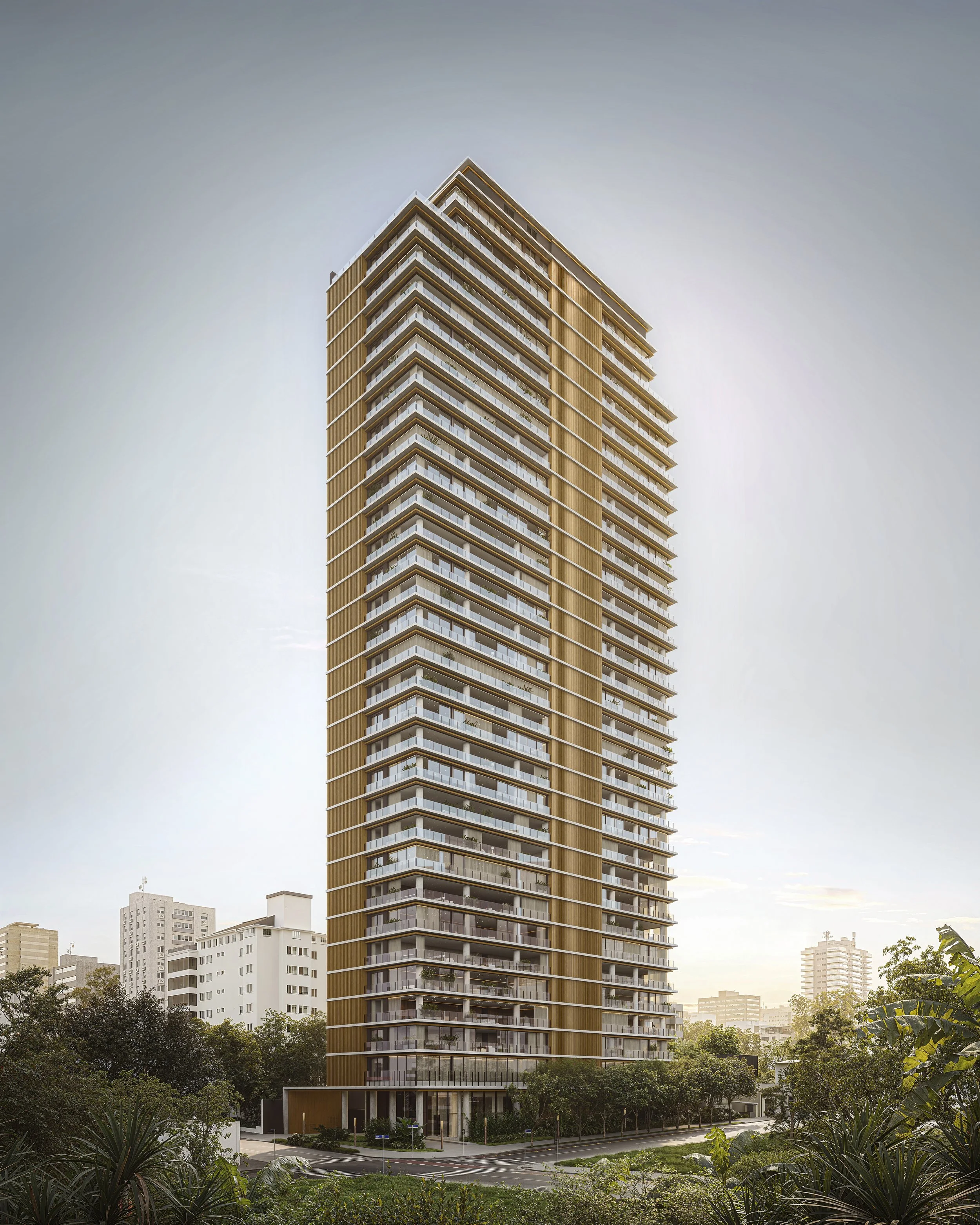 Tall, modern high-rise building with multiple balconies and wooden exterior accents, surrounded by greenery and other buildings in the background.