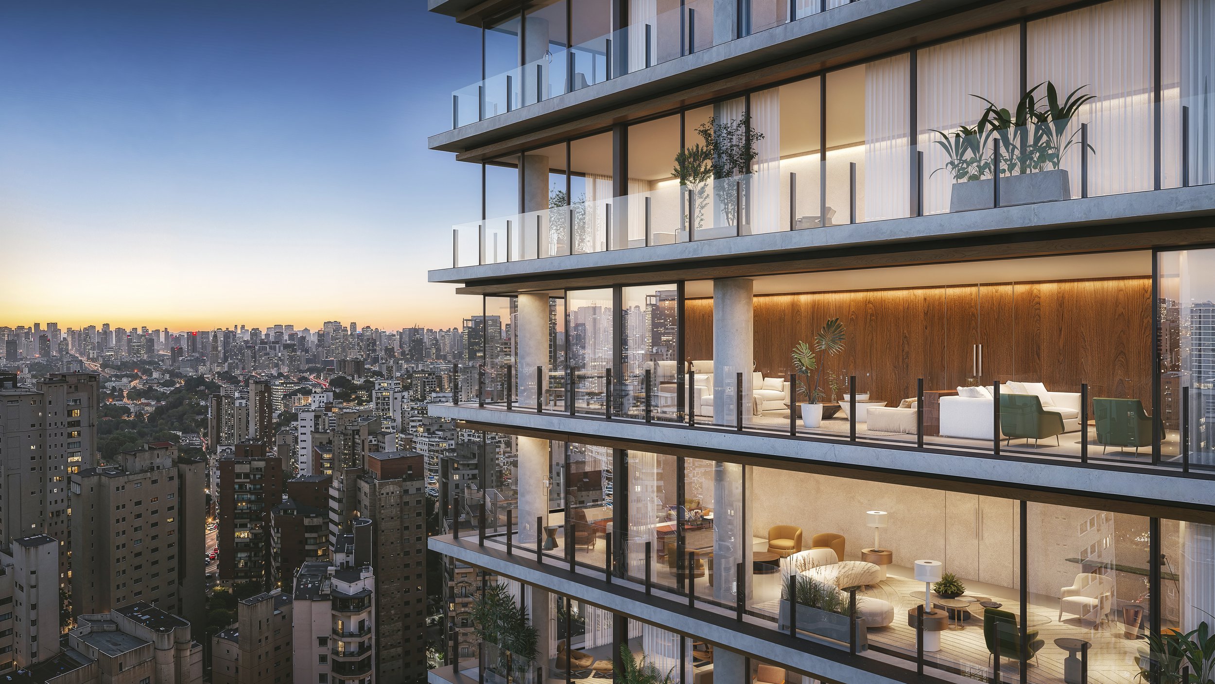 Modern high-rise apartment with glass balconies overlooking a cityscape at sunset, featuring interior living spaces with furniture and decor.
