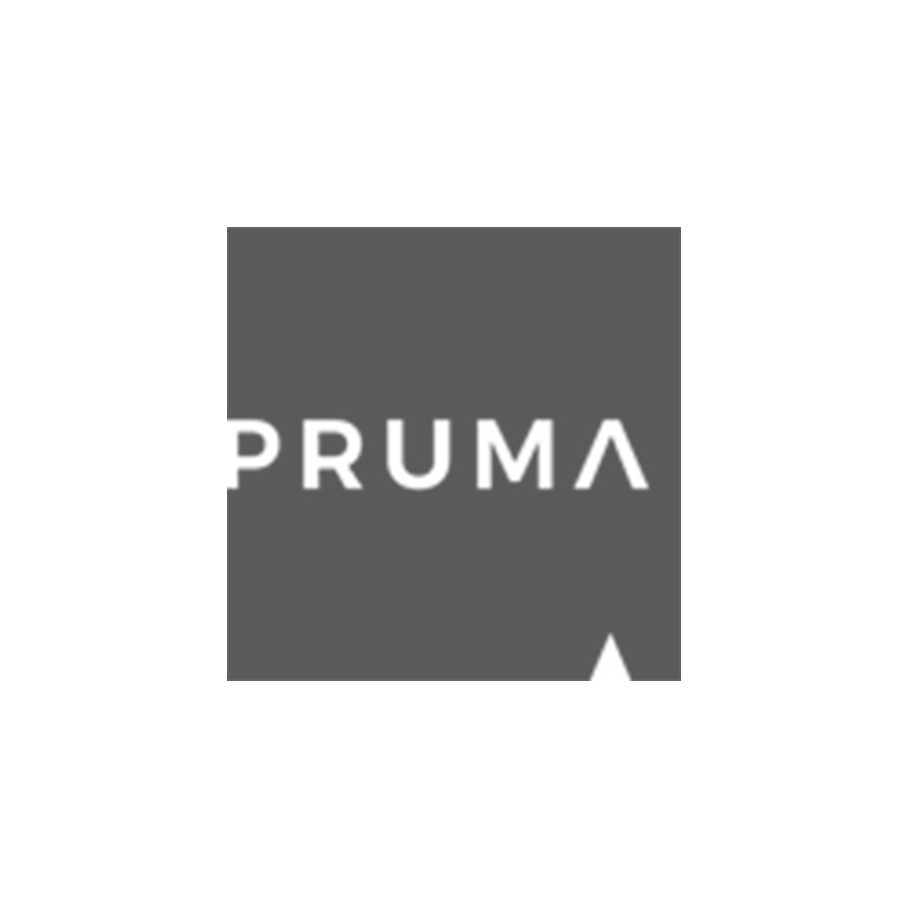 A black and white logo with the word 'PRUMA' in stylized letters over a gray square background.