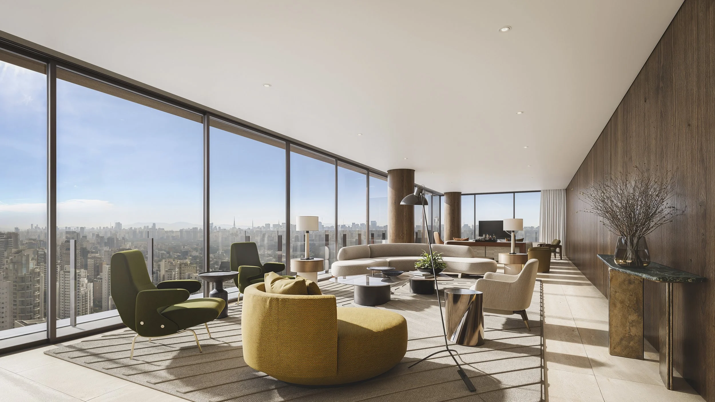 Modern high-rise living room with large floor-to-ceiling windows overlooking a city skyline, featuring various chairs, a sofa, coffee tables, lamps, and decorative plants.