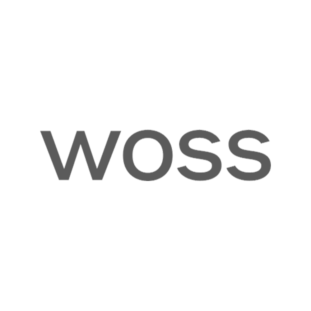 The word 'WOSS' in large, stylized grayscale text, with the cartoon figure of a woman holding a drink above it