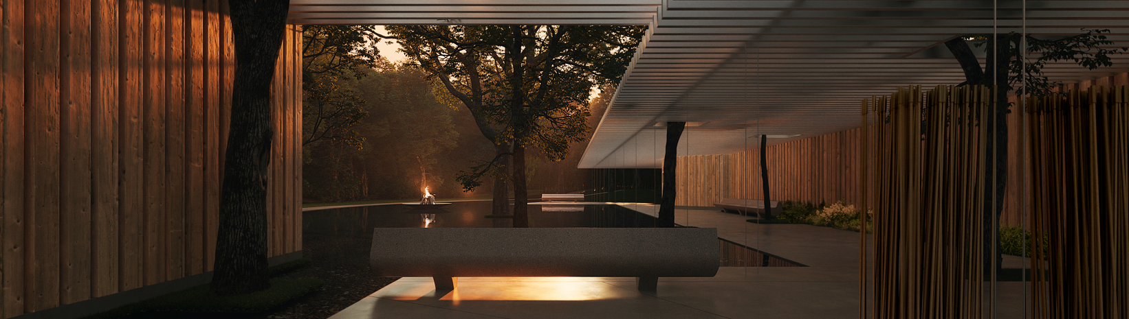 Modern outdoor architecture featuring a covered patio with a concrete bench, wooden wall, trees, and a pool at sunset.