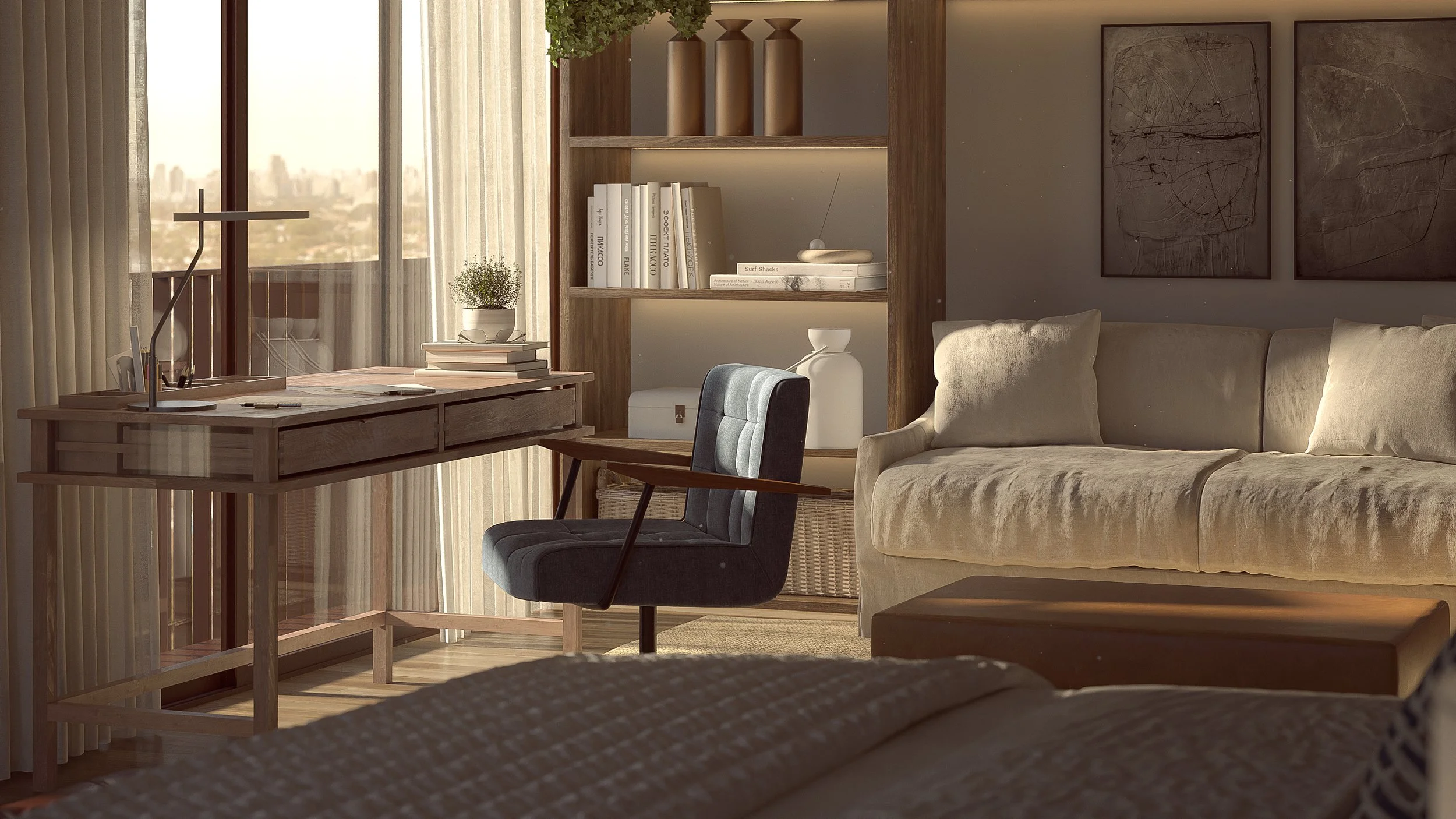 A cozy living room corner with a wooden desk, a blue ergonomic office chair, a beige sofa, and a bookshelf with decorative items and books, illuminated by natural light from a window.