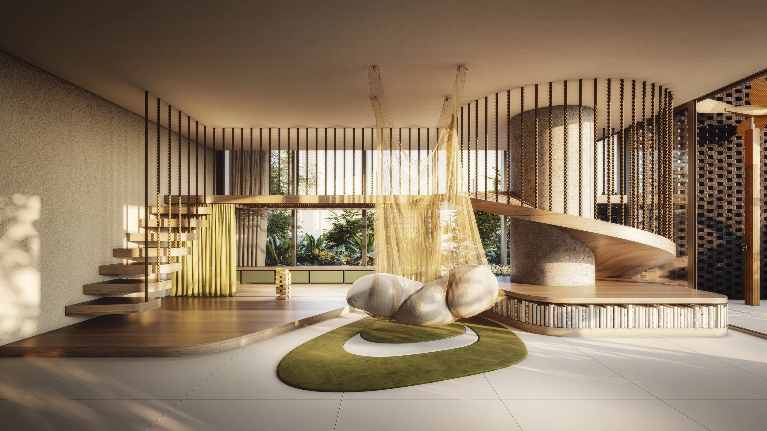 Modern interior living space with a spiral staircase, hanging pod chair, green rug, large windows with curtains, and a curved bookshelf.