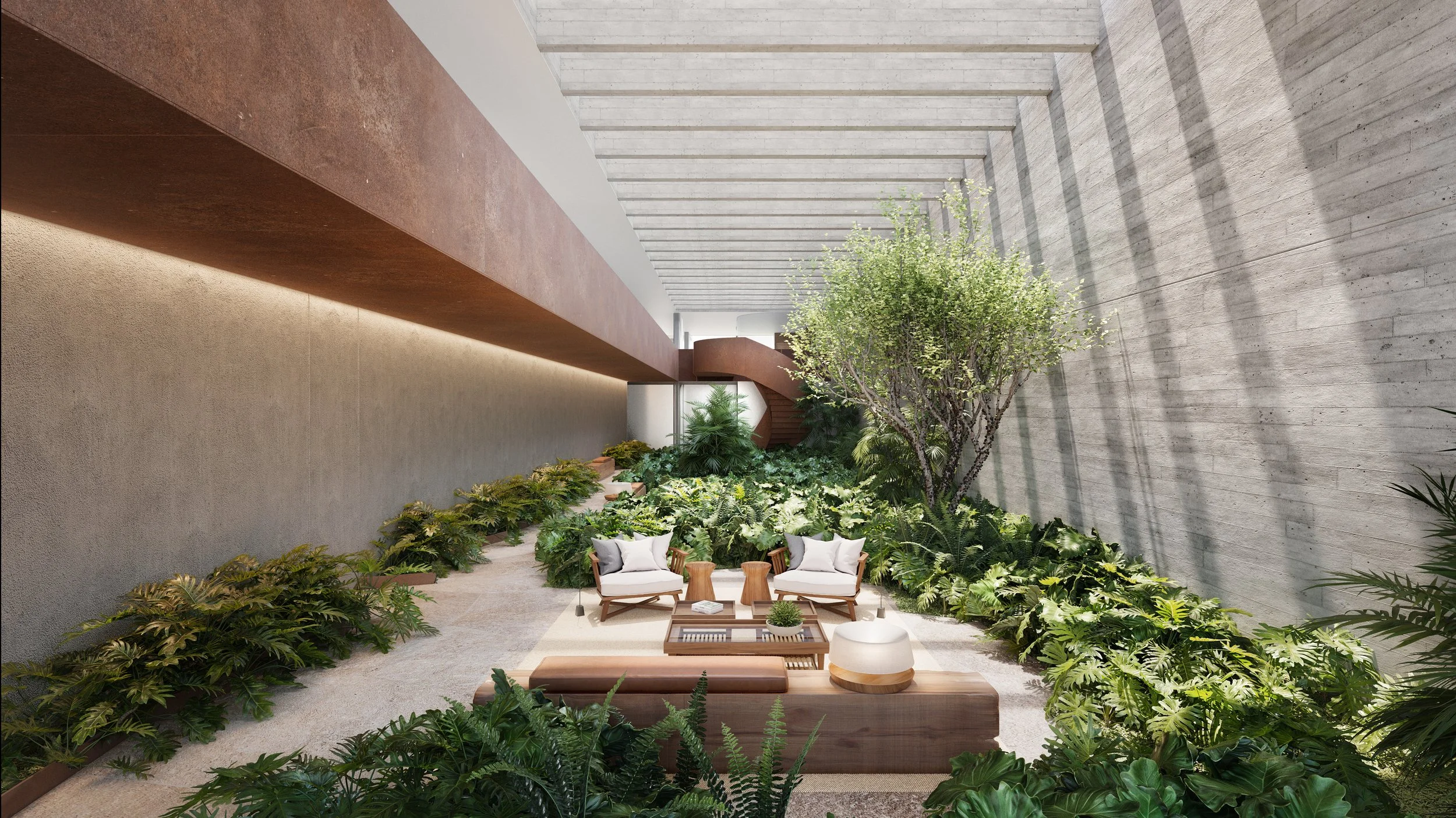 Indoor courtyard with lush green plants, a large tree, and seating area with wooden furniture and cushions, surrounded by concrete walls and a staircase in the background.