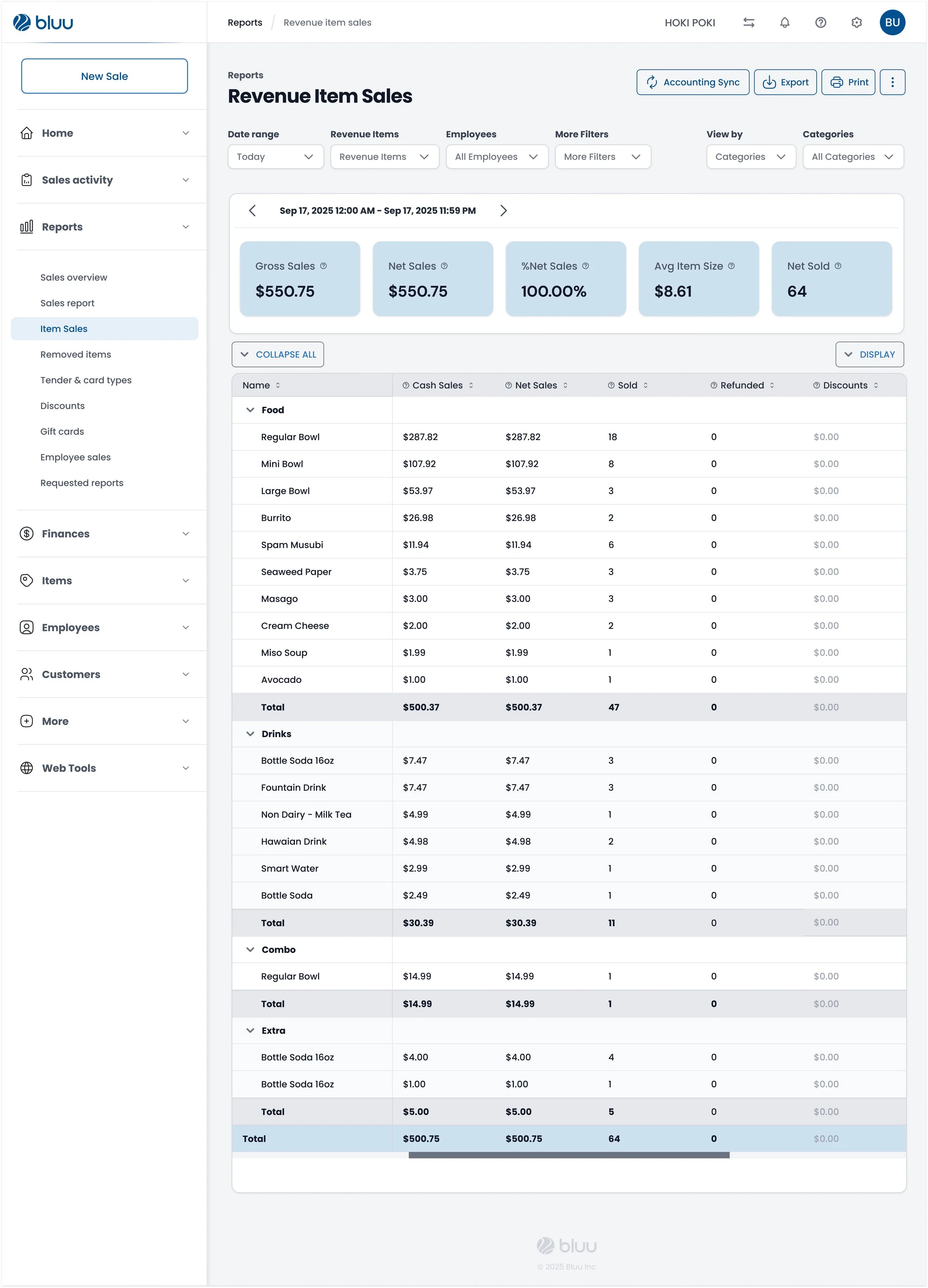 6. BLUU Back Office - Reports / Revenue Item Sales