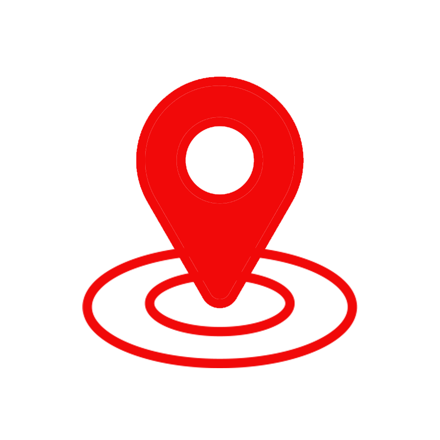 Red location pin icon above concentric circles on black background.
