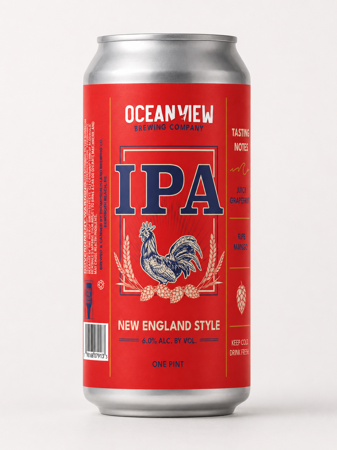 A can of Ocean View India Pale Ale from Delaware's Ocean View Brewing Company, with a layered pink, orange, and yellow label and condensation droplets.
