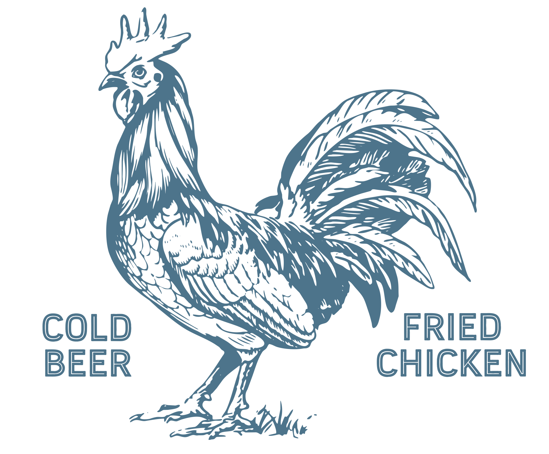 A stylized illustration of a chicken with the words 'Cold Beer', 'Fried Chicken' surrounding it.