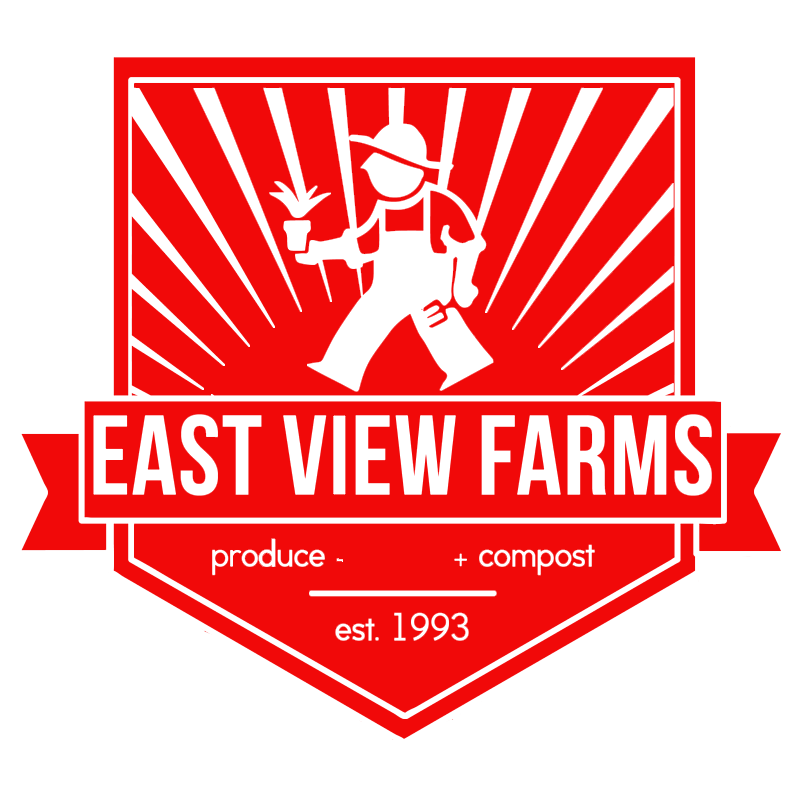 Logo for East View Farms featuring a stylized farmer holding a plant and a watering can, with rays radiating from the background, and text stating 'produce + compost' and 'est. 1993'.