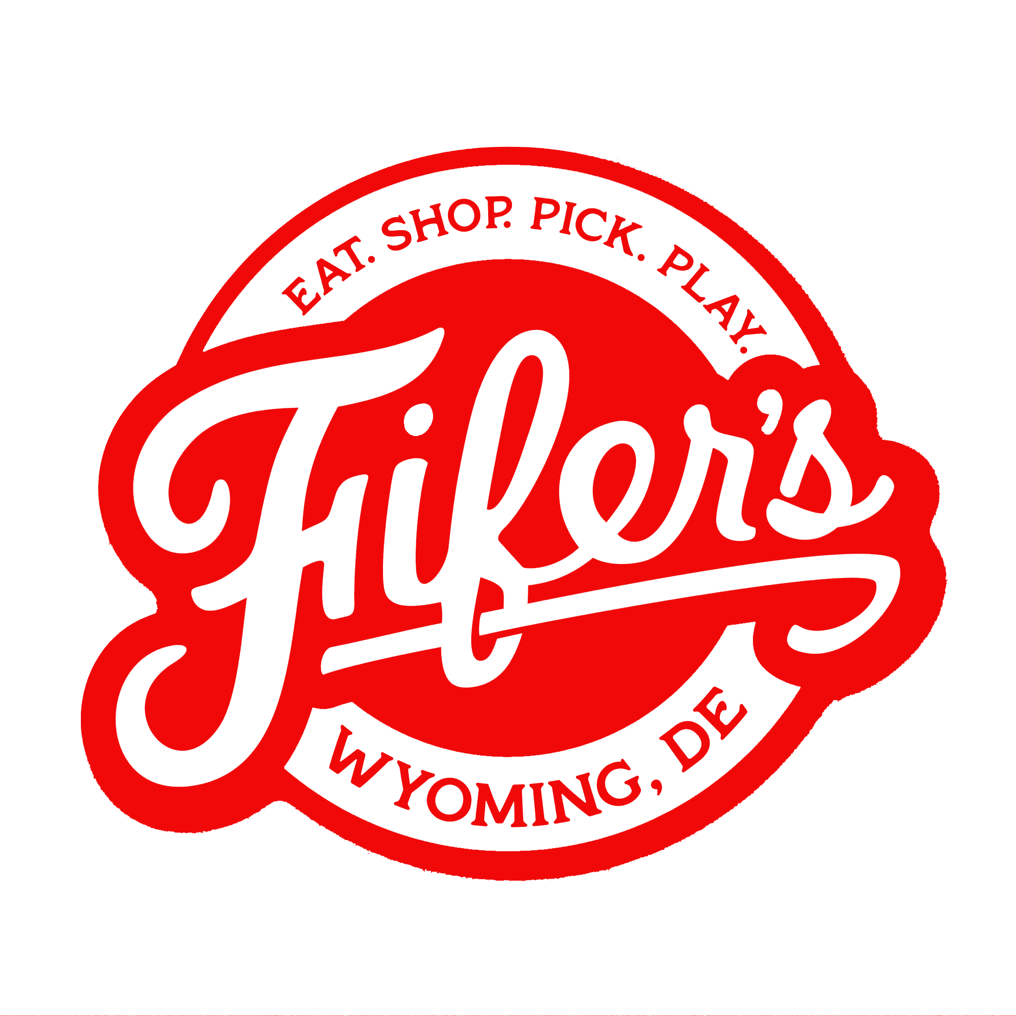 Red circular logo with black text and a black and red graphic element. The text reads 'E.A.T. SHOP. PICK. PLAY.' and elements suggesting WYOMING.