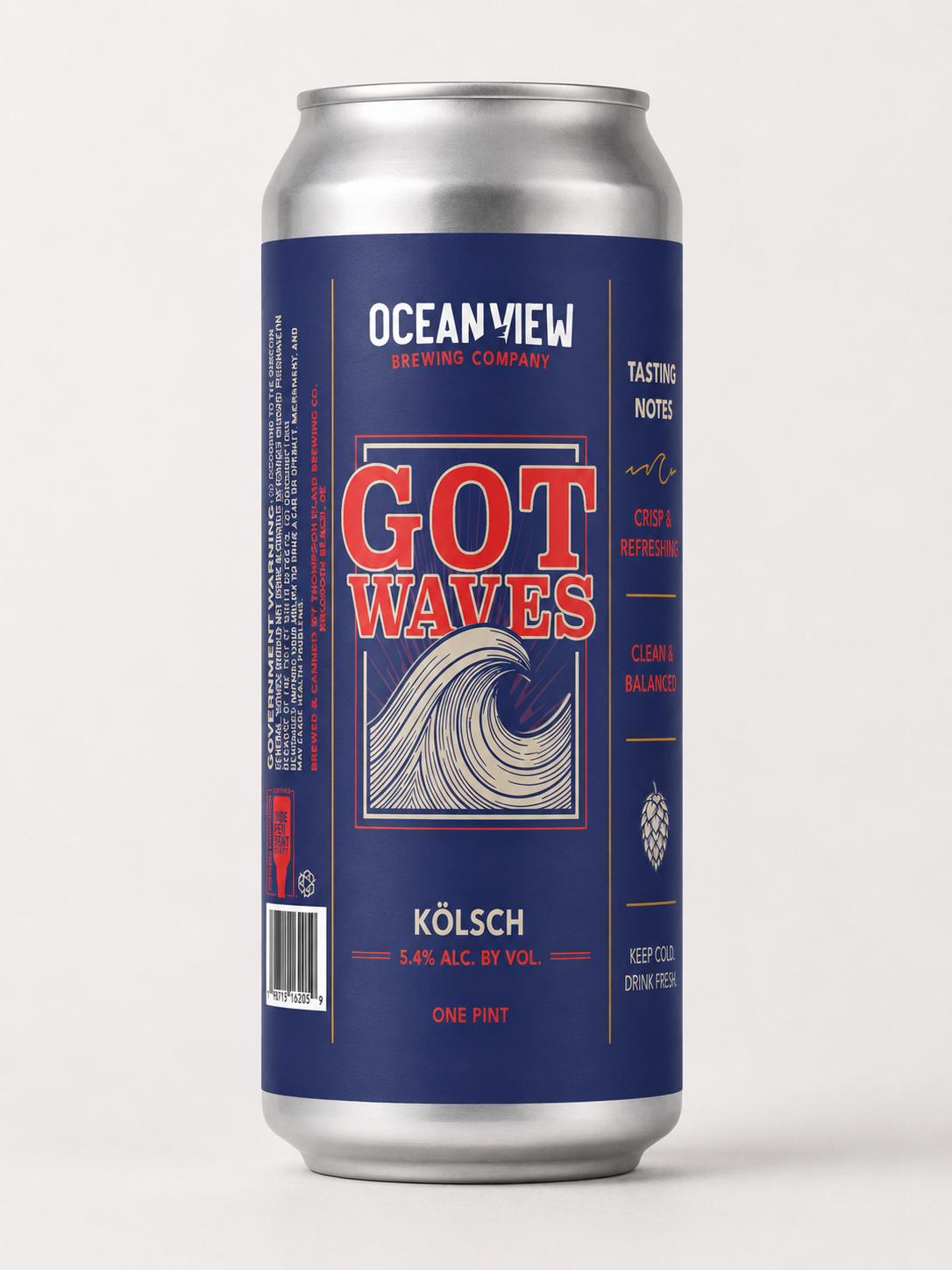 A can of Delaware's Ocean View Brewing Company beer called 'Got Waves', a kolsch variety, with water droplets on the can, label indicating it is for the beach, crisp, clean, and easy to drink, one pint size.