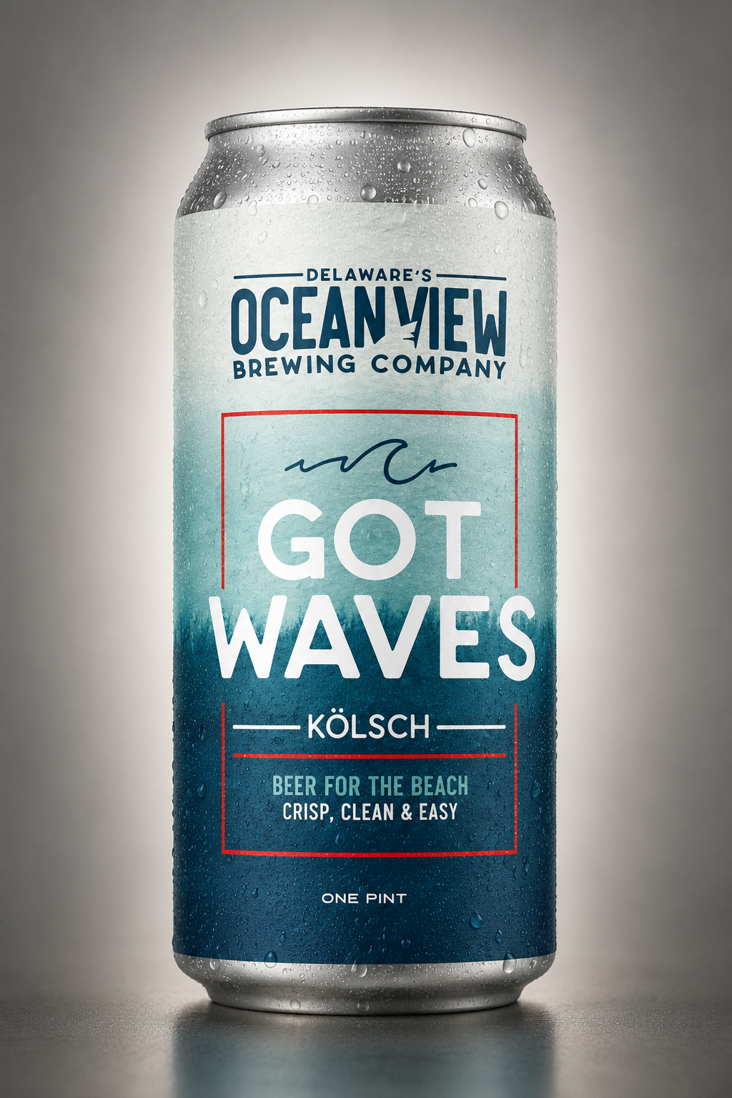 A can of Delaware's Ocean View Brewing Company beer called 'Got Waves', a kolsch variety, with water droplets on the can, label indicating it is for the beach, crisp, clean, and easy to drink, one pint size.