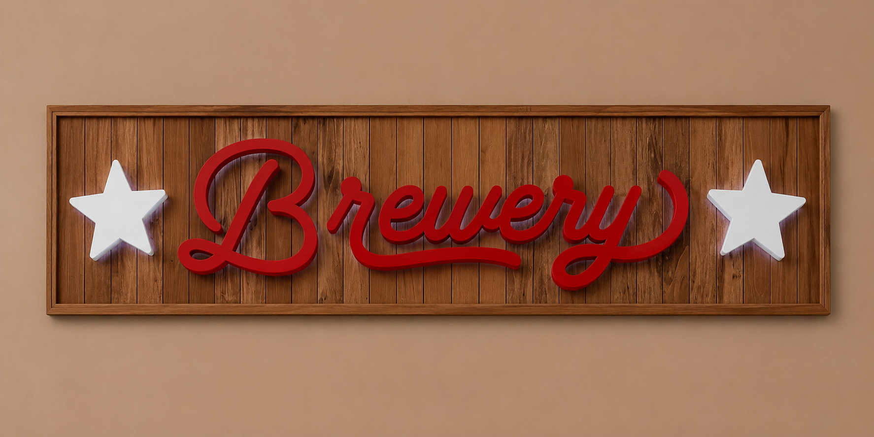 Decorative wooden sign with red cursive text 'Lrews' flanked by two white illuminated stars.