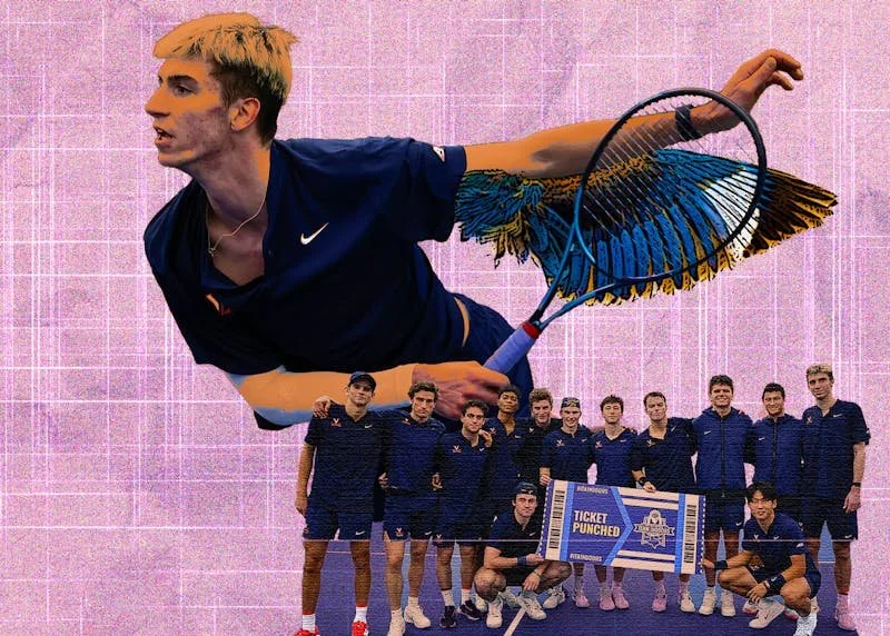 Ein Tennis-Team posiert vor einem pinken Hintergrund, mit einer überlebensgroßen digitalen Illustration von Dylan Dietrich, der einen Ball schlägt.