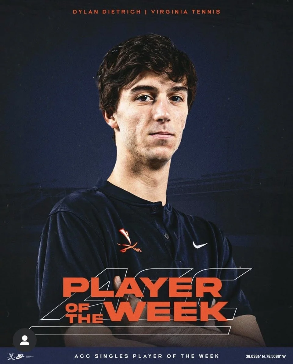 Porträt eines männlichen Tennisspielers mit dunklem Shirt, Arme verschränkt, vor dunklem Hintergrund. Text auf dem Bild: "Player of the Week" und "Dylan Dietrich | Virginia Tennis".