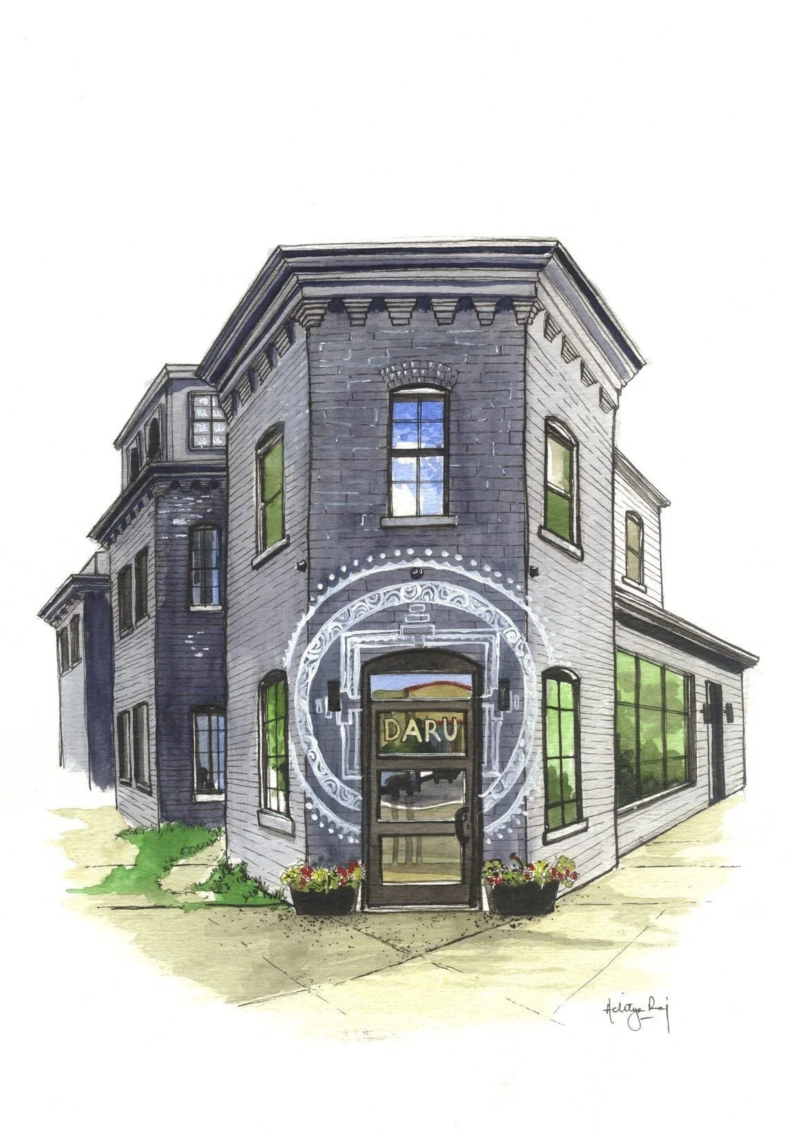 Hand-drawn illustration of a two-story urban brick building with a storefront, featuring large windows, decorative trim, and a sign that reads 'DARU'.