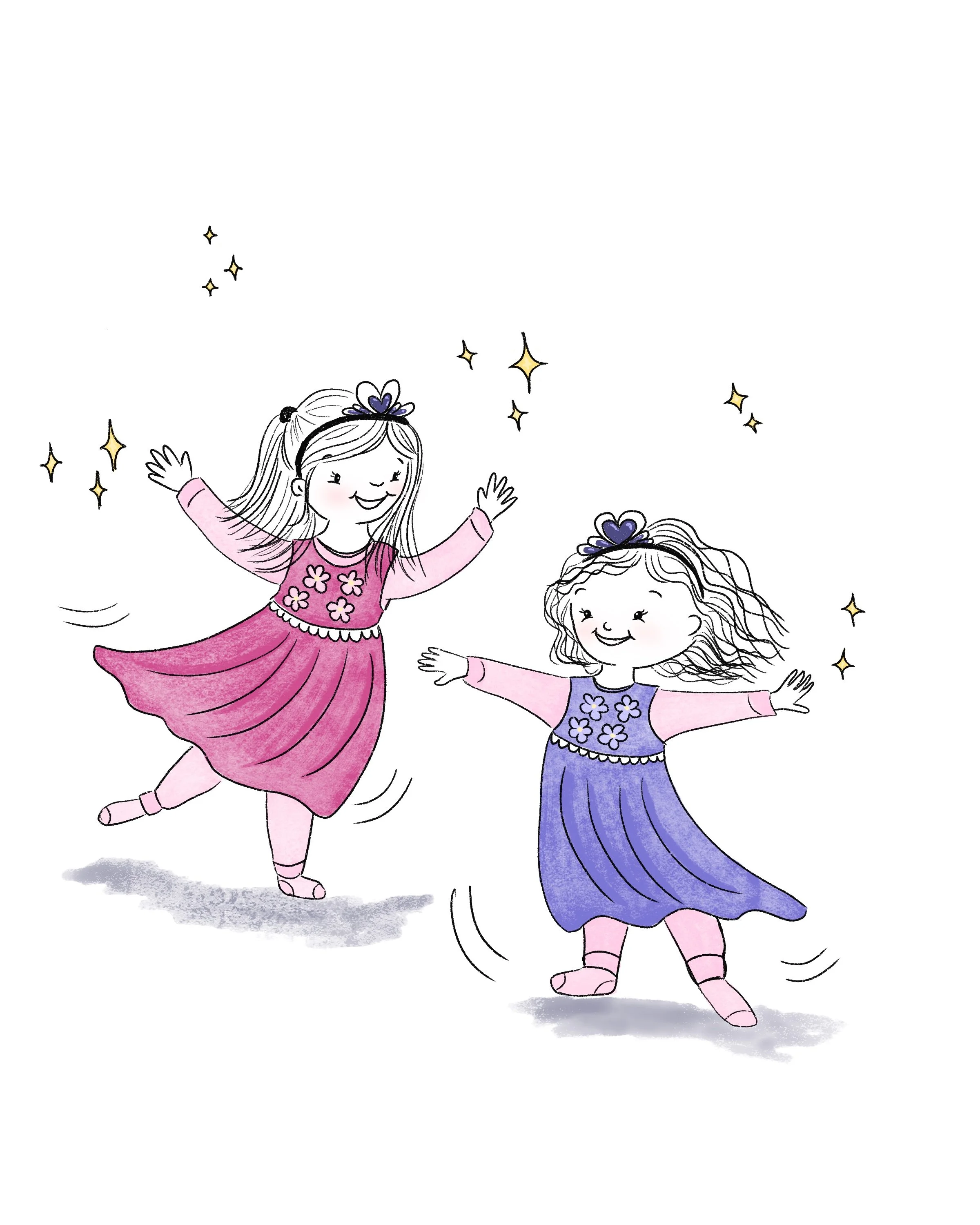 Whimsical illustration of two little girls dressed up as princesses dancing around and playing together. Illustration has a minimalistic and hand drawn style. 