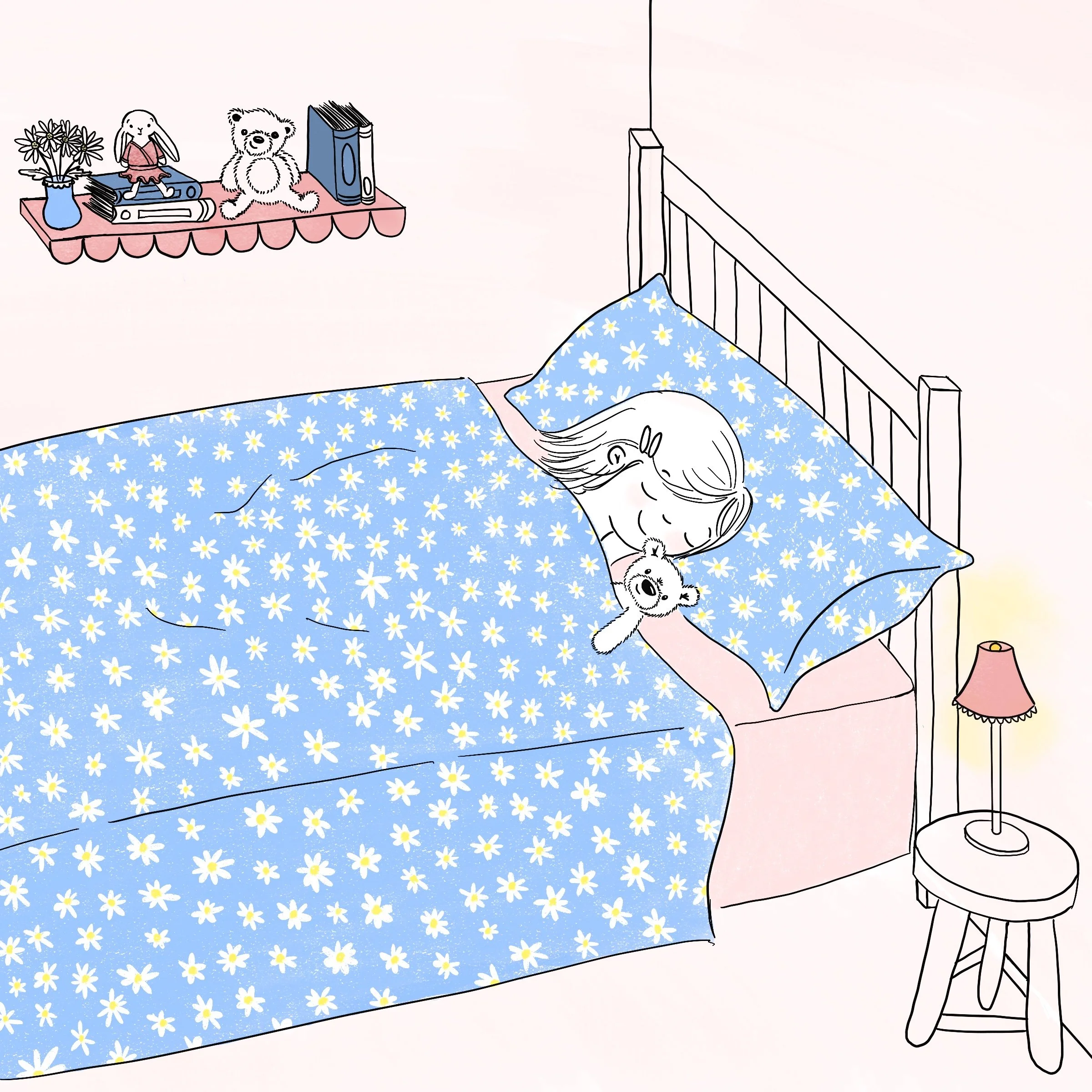 An illustration of a little girl tucked up in her bed. Illustration has a minimalistic and hand drawn style. 