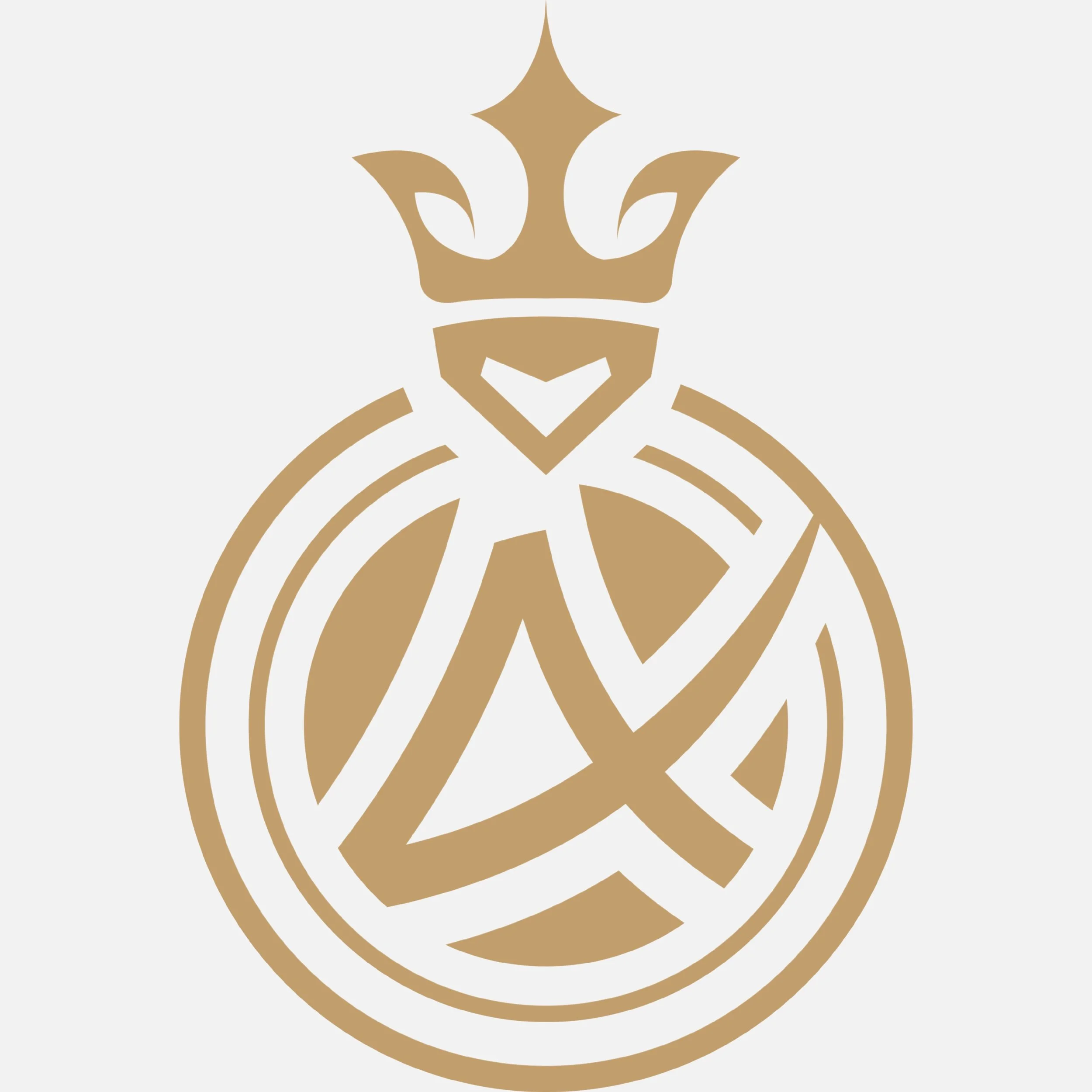Gold outline of a stylized egg with a crown on top, featuring an abstract human figure in a yoga pose inside.