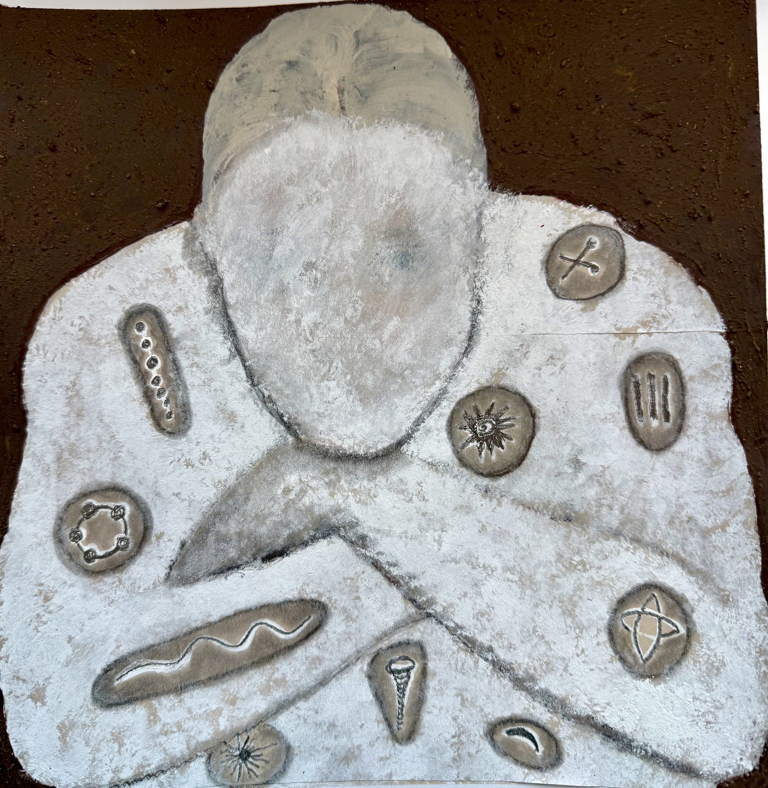 "Paleozoic Dreams", 2025, earth, matte medium, acrylic paint and graphite.