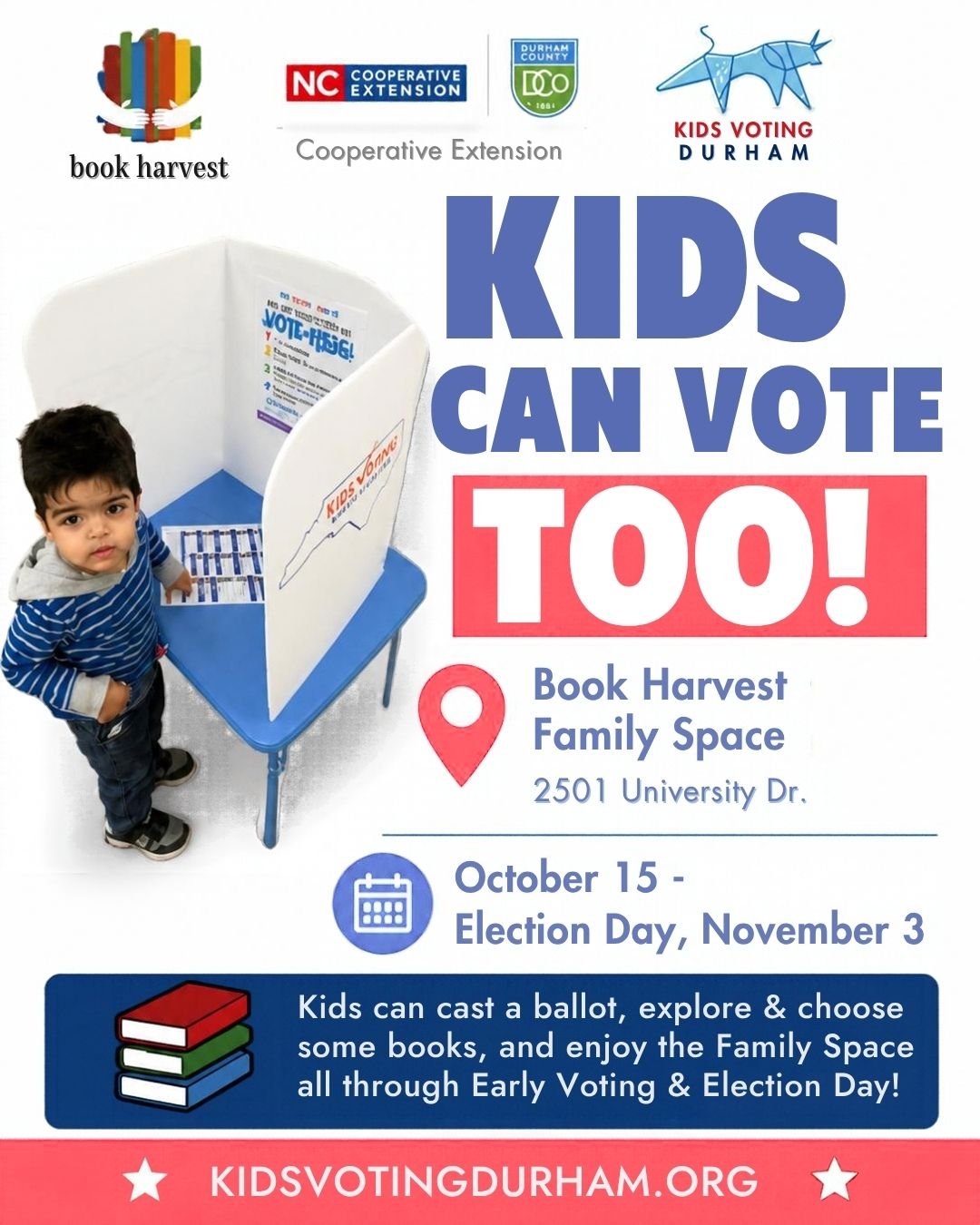 Event poster for "Kids Voting at Book Harvest."