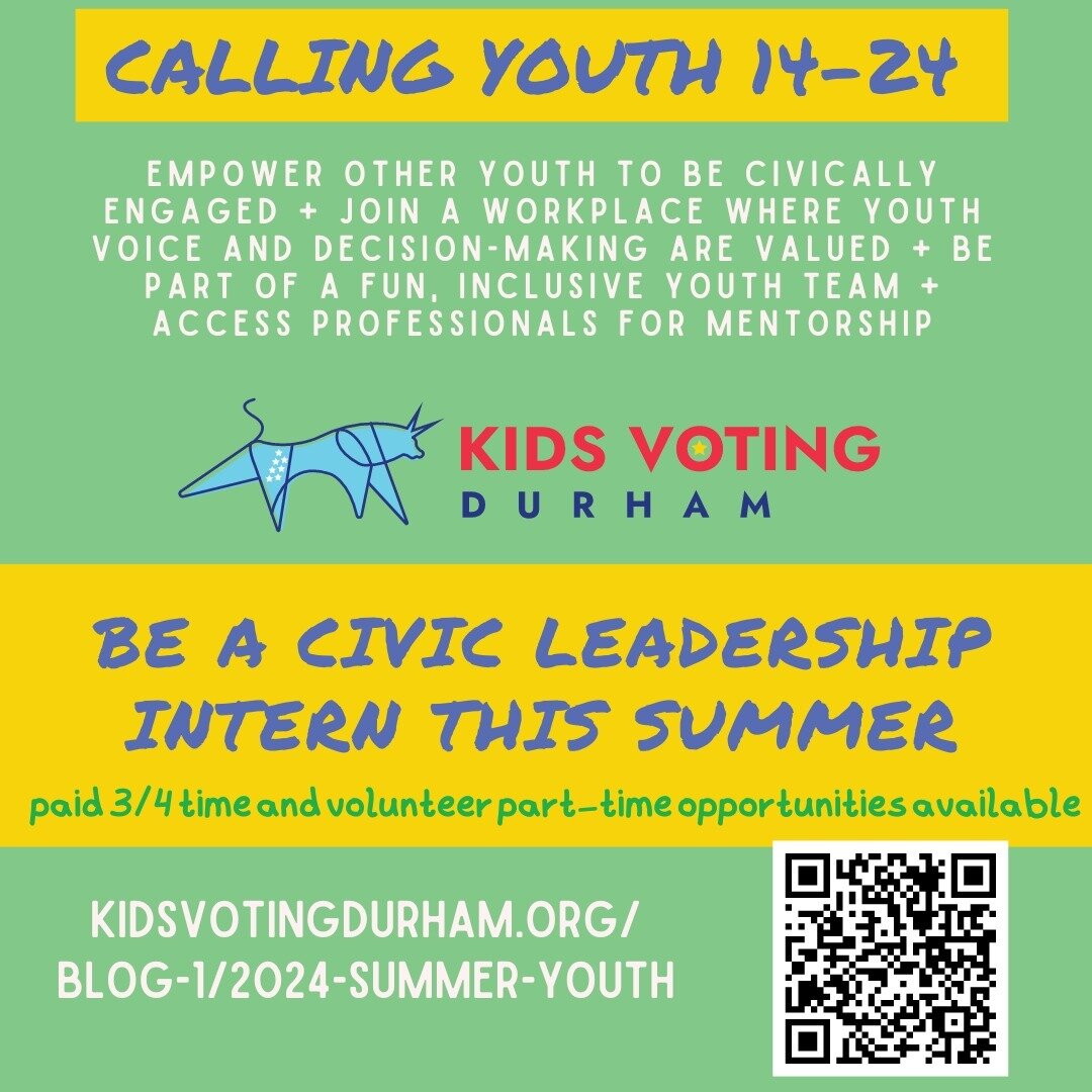 Youth 14-24: Want to make a difference this summer? Be part of Kids Voting Durham&rsquo;s Youth Civic Leadership team! You can help make sure youth, first-time voters, and even adults are informed and engaged in the upcoming election. Both in person 
