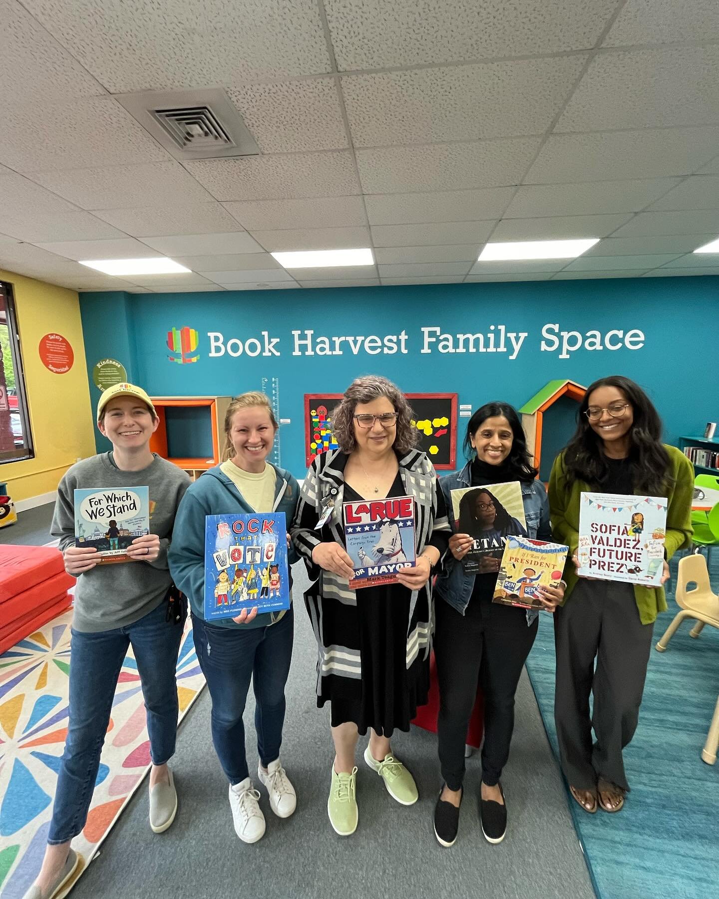 Civic engagement and literacy go hand in hand, and we are so grateful to our friends at @bookharvestnc for make some fabulous books about voting and elections available for the youth and families we work with!  These folks are all civic superstars!  